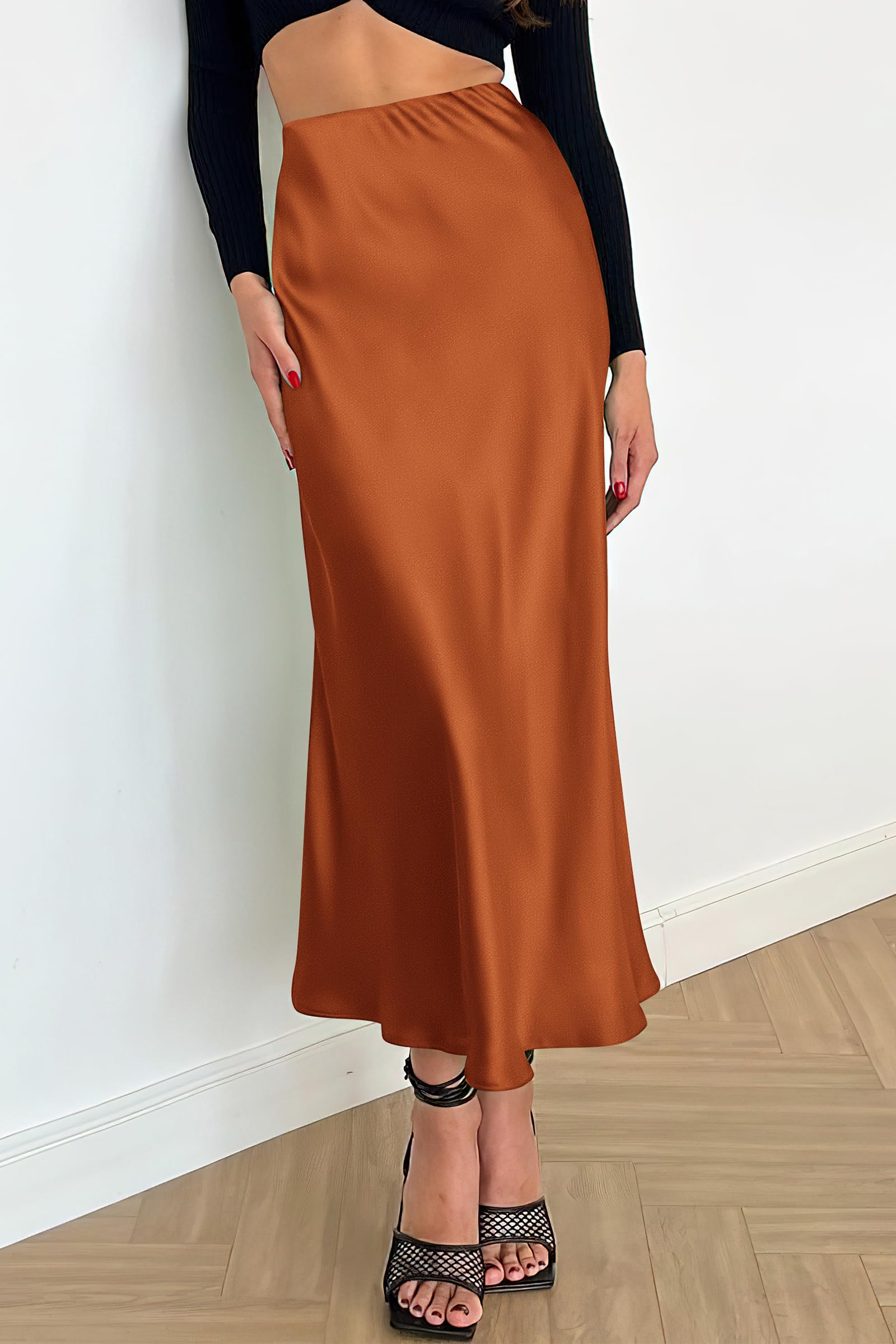 PRETTYGARDEN Women's Satin Skirts Dressy Casual Fall High Waisted Cocktail Wedding Flowy Elegant A Line Midi Skirt