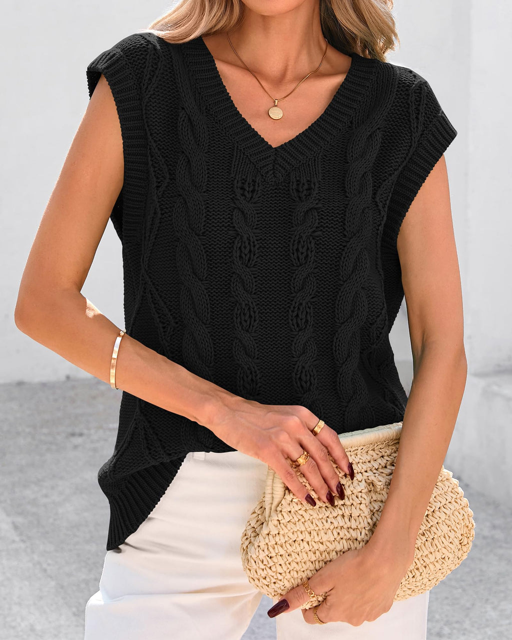 FreshPretty Sweater Vest Women Oversized V Neck Cable Knit Casual Pullover Sweaters Fall Outfits Sleeveless Tops