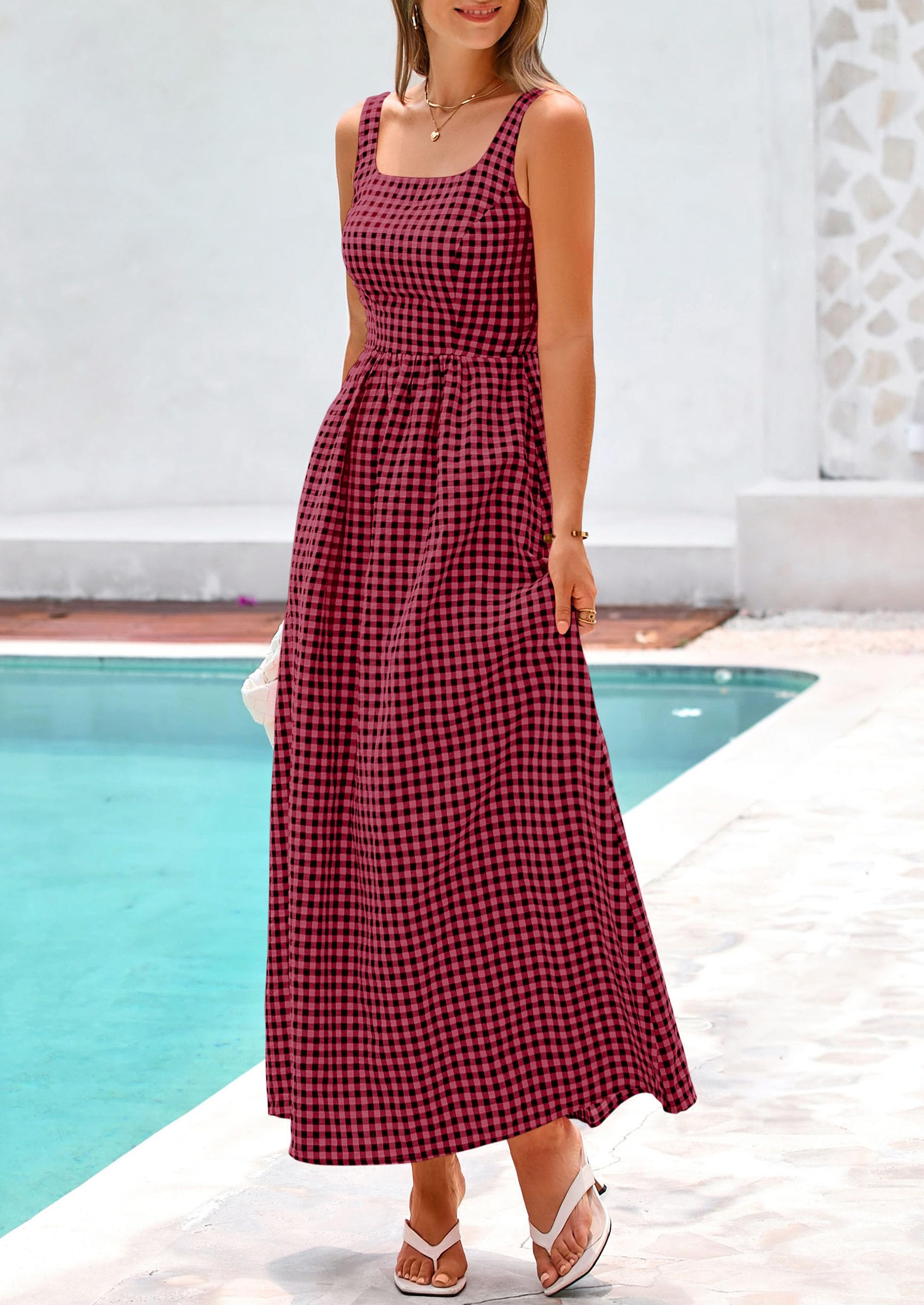PRETTYGARDEN Women's Summer Spaghetti Strap Maxi Dresses Plaid Square Neck A Line Casual Beach Vacation Long Sundress