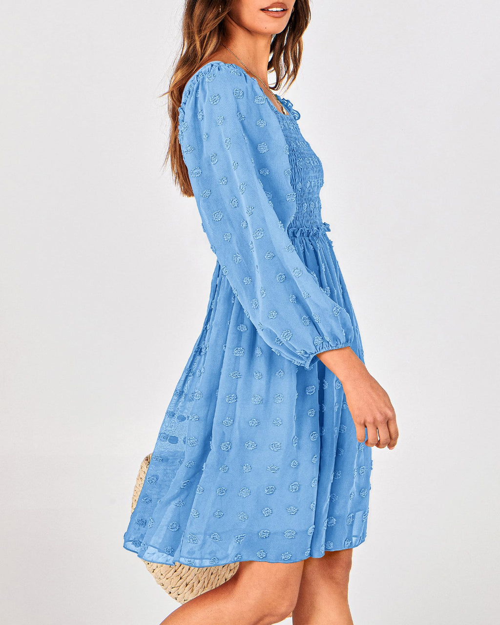 BTFBM Womens Long Sleeve Dress Summer Vacation Square Neck Smocked Floral Mini Boho Spring Wedding Guest Dresses