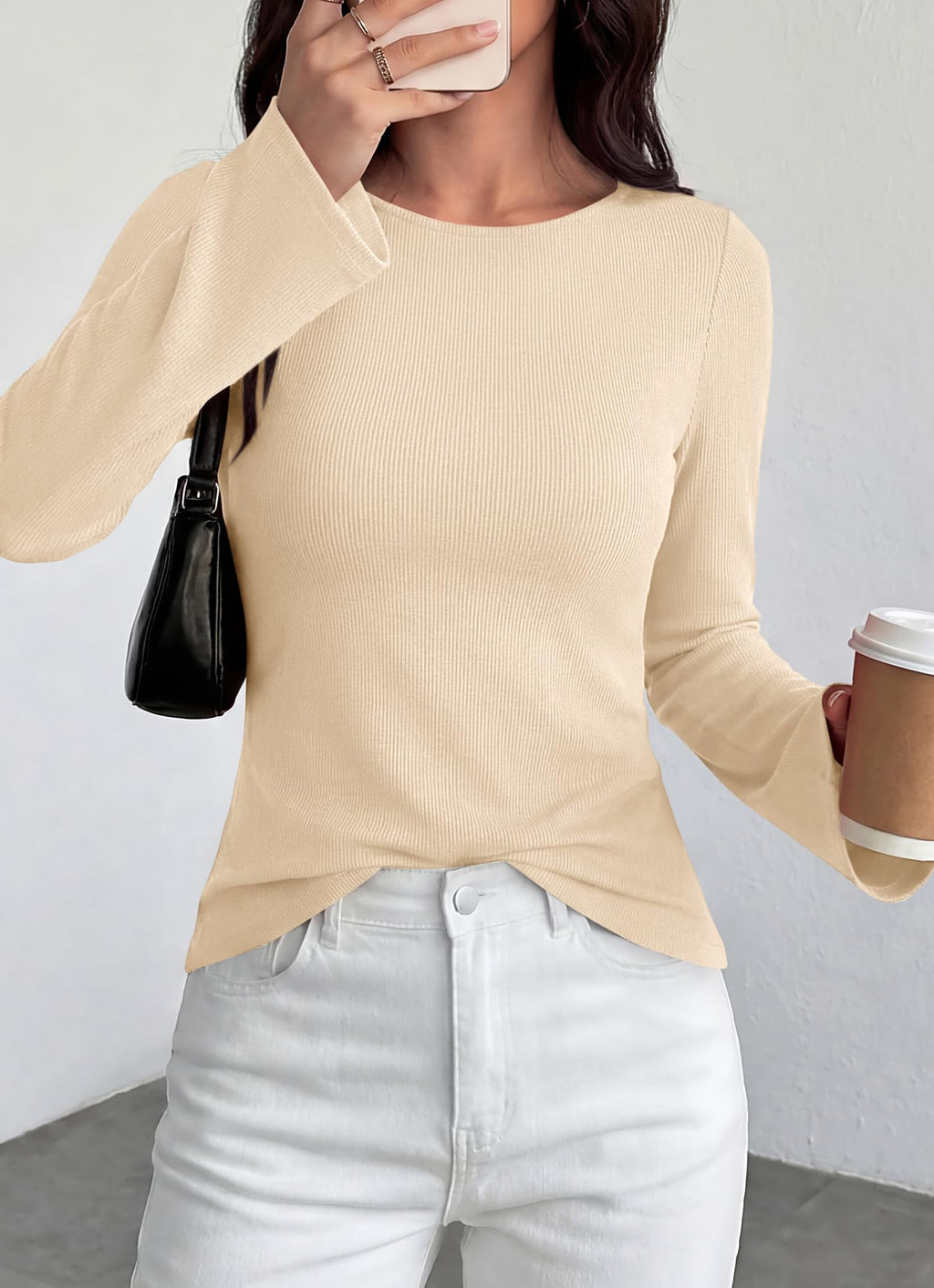 BTFBM Long Sleeve Shirts for Women Spring Y2K Clothes Casual Boat Neck Bell Sleeve Fitted Fall Going Out Tops