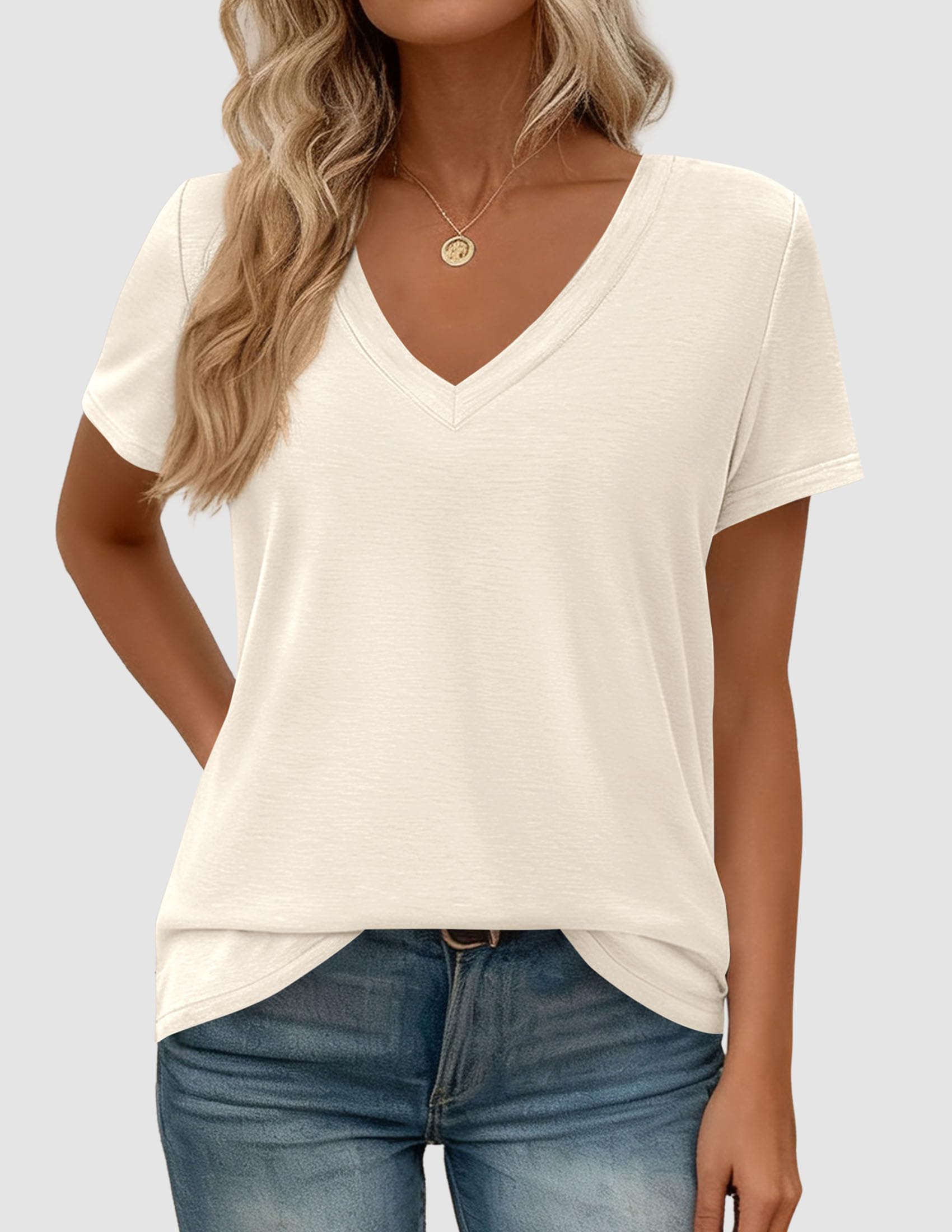 PRETTYGARDEN Womens Tops Short Sleeve Oversized Tshirts Shirts Summer Casual V Neck Loose Basic Tees Spring Tunic Blouse