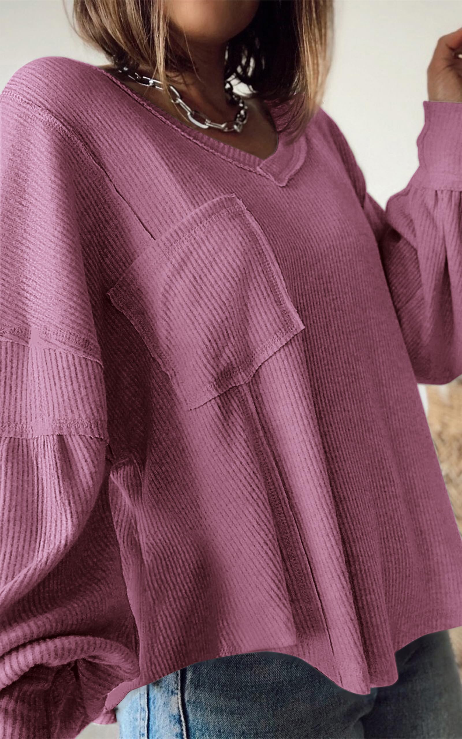 FreshPretty Womens Fall Fashion Long Sleeve Shirts Casual V Neck Ribbed Knit Blouses Pullover Trendy Loose Fit Tunic Tops