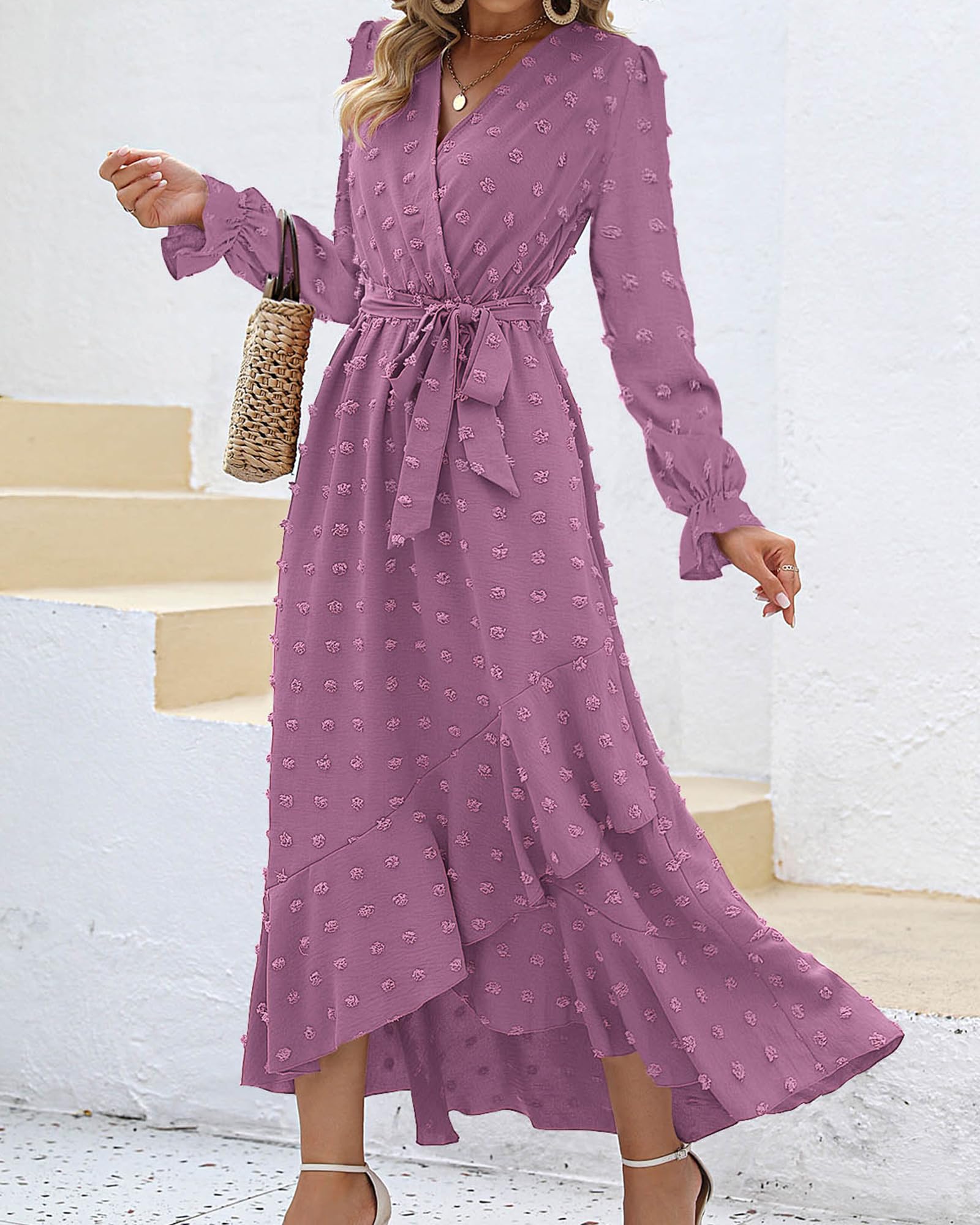 FreshPretty Long Sleeve Maxi Dresses for Women V Neck Swiss Dot Boho Flowy Slit Cocktail Wedding Guest Dress Fall Clothes