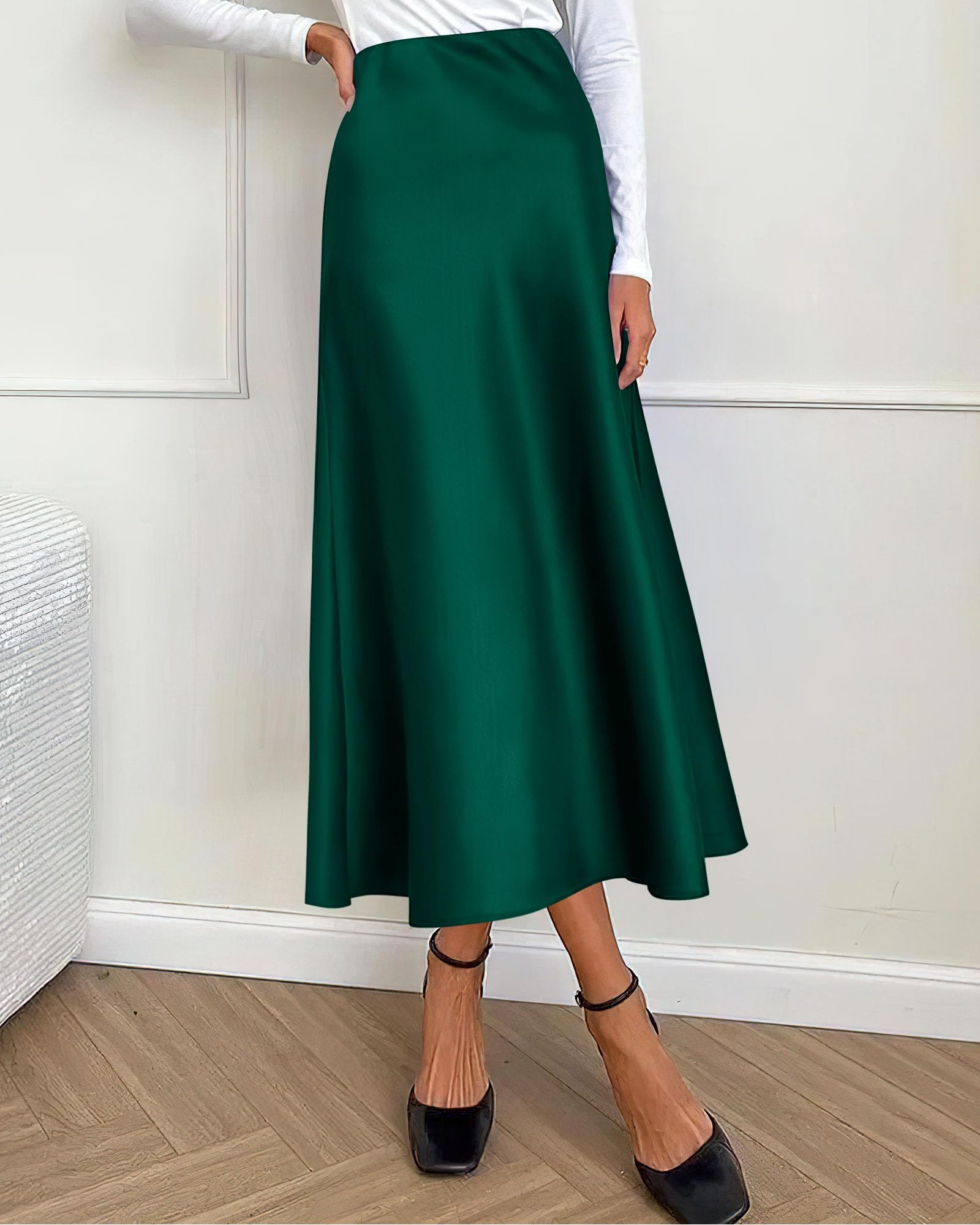 BTFBM Summer Womens Skirts Silk Elegant High Waist Flowy Long Satin A-Line Midi Skirt Cocktail Wedding Party