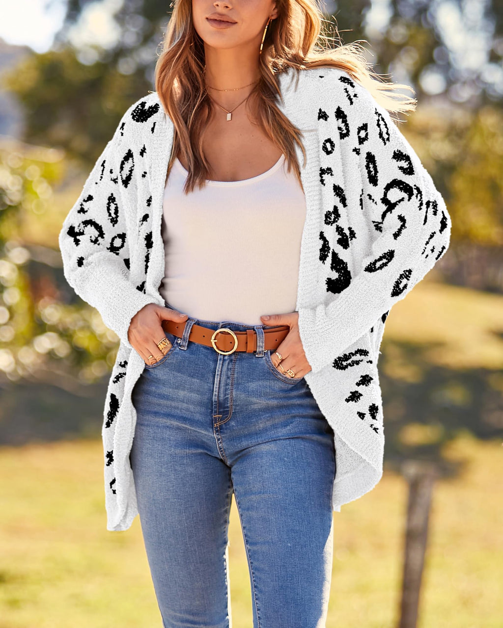 FreshPretty Leopard Cardigan for Women Long Sleeve Open Front Cardigans Sweaters Pockets Loose Knit Fall Winter Outwear