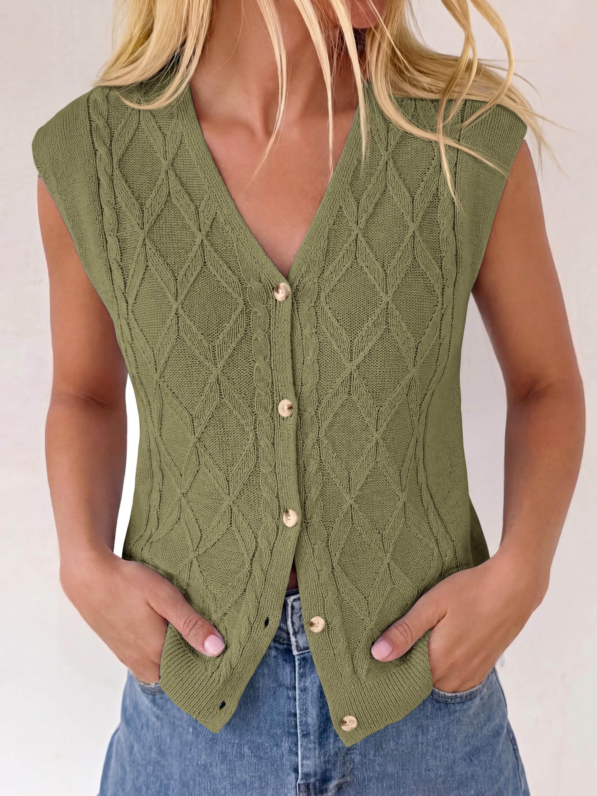 BTFBM Vest Tops for Women Summer V Neck Button Loose Lightweight Cardigan Knit Cap Sleeve Sweater Vests Fashion Clothing