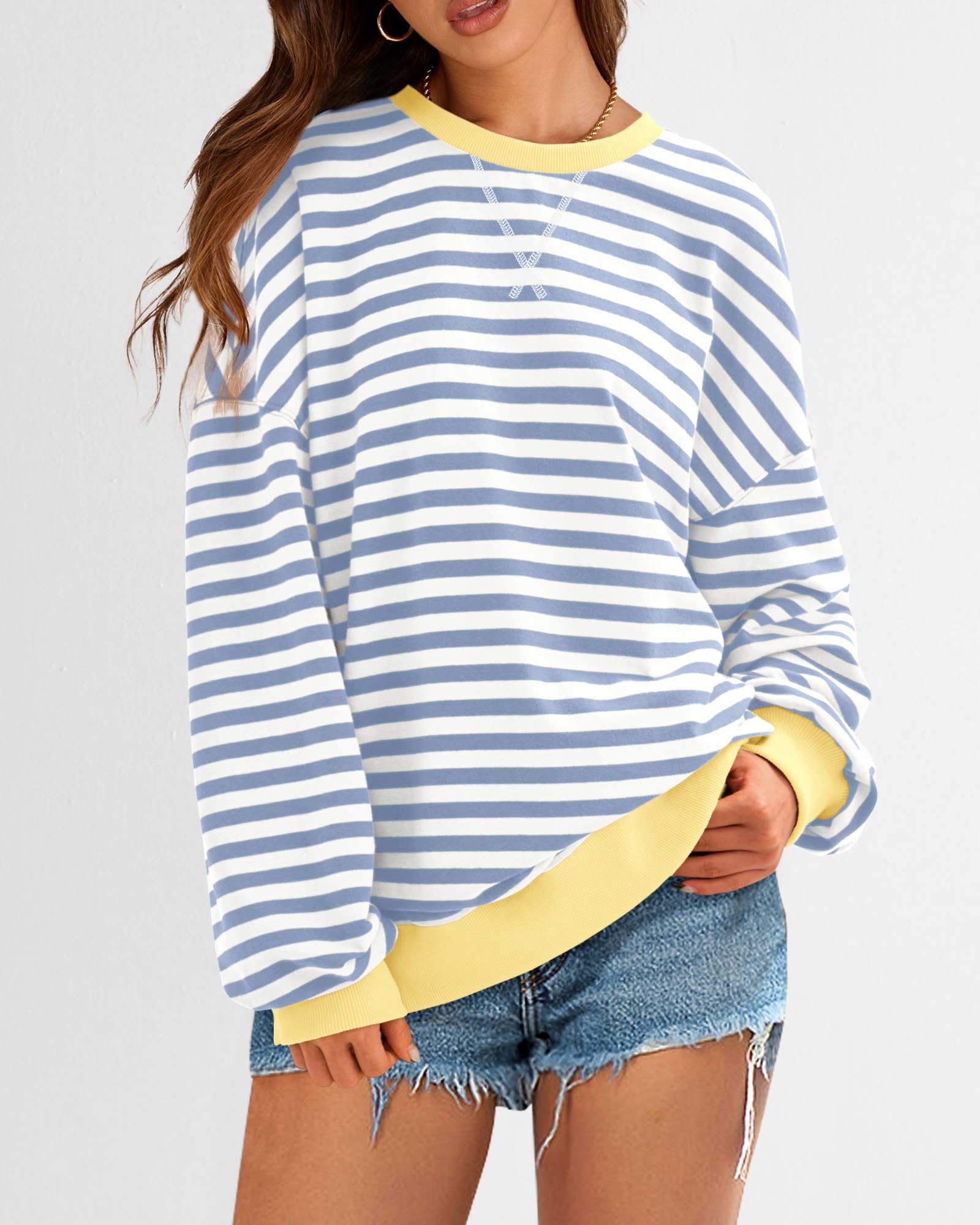BTFBM Sweatshirt For Women Summer Crewneck Long Sleeve Oversized Striped Pullover Tops Y2K Clothes Workout Shirt