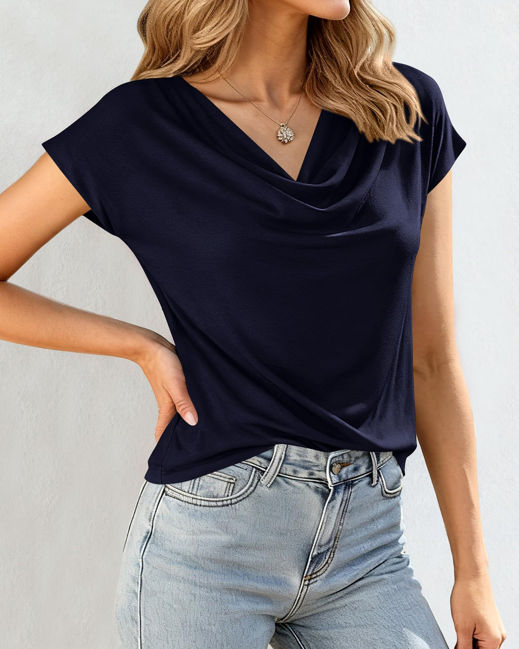 FreshPretty Blouses for Women Dressy Casual Spring Summer Tops Cowl Neck Short Sleeve Shirts Work Office Business Outfits