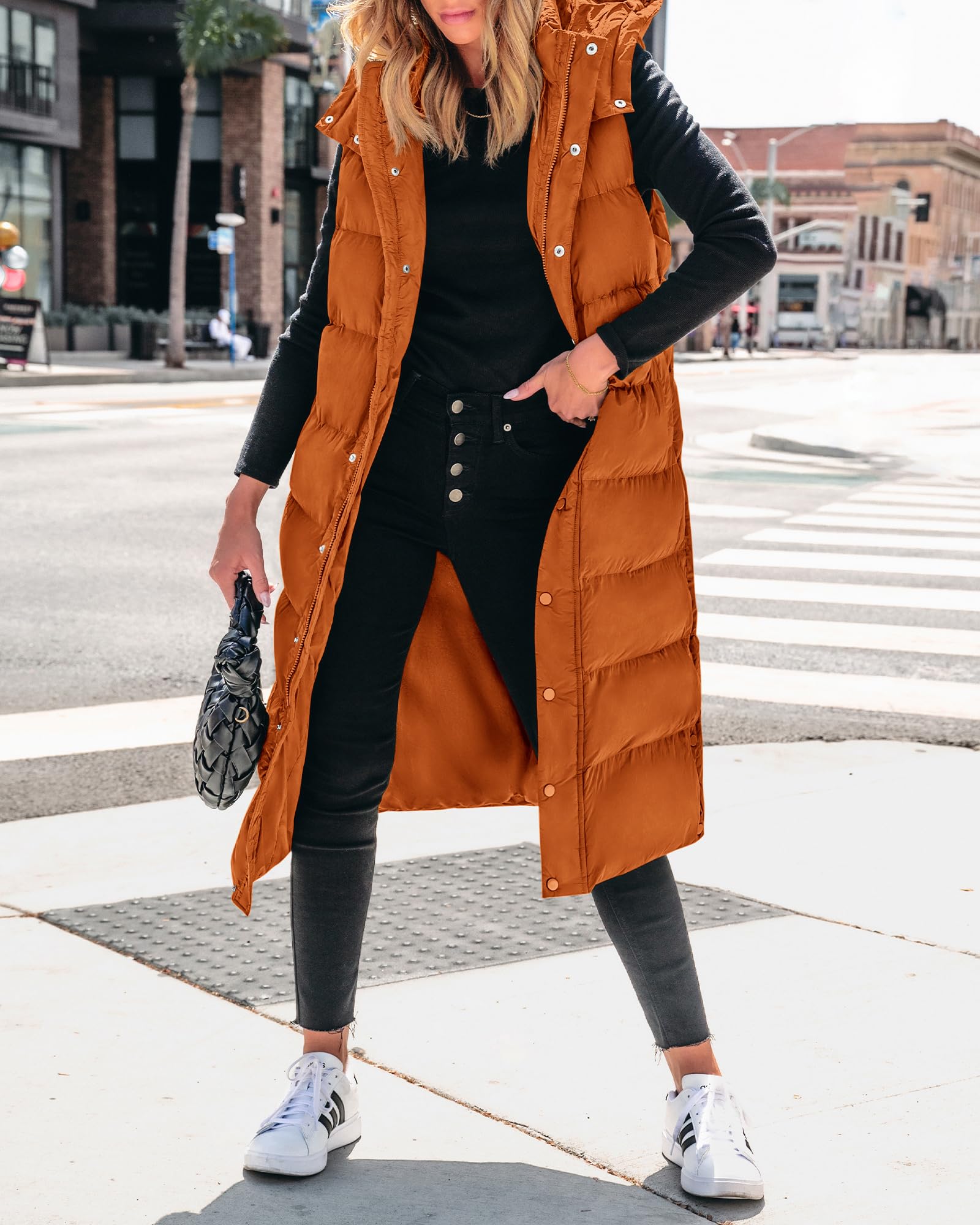 FreshPretty Long Puffer Vest Women Quilted Hooded Button Down Zip Up Sleeveless Vests Outerwear Padded Jacket Fall Winter Coat