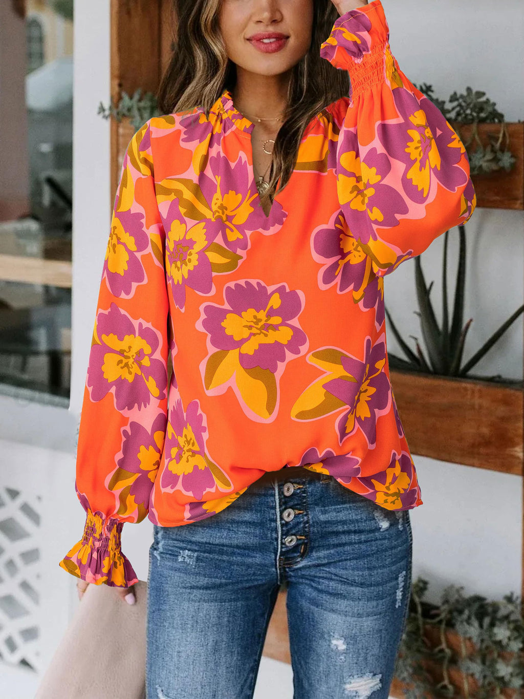 FreshPretty Womens V Neck Floral Long Sleeve Tops Summer Casual Loose Puff Sleeve Chiffon Boho Work Blouse Dressy T Shirts