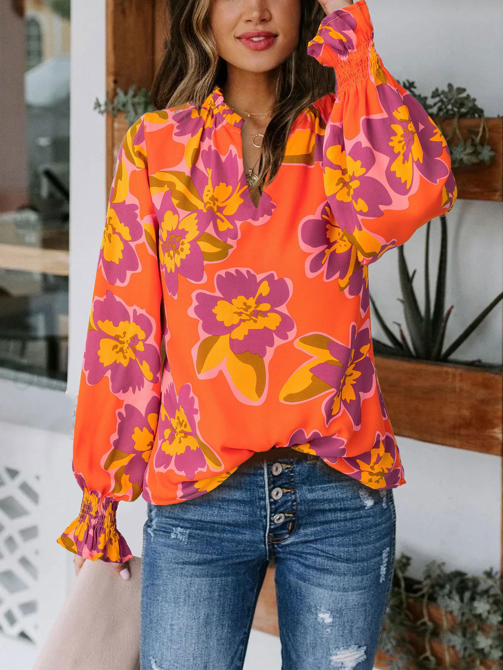 FreshPretty Womens V Neck Floral Long Sleeve Tops Summer Casual Loose Puff Sleeve Chiffon Boho Work Blouse Dressy T Shirts