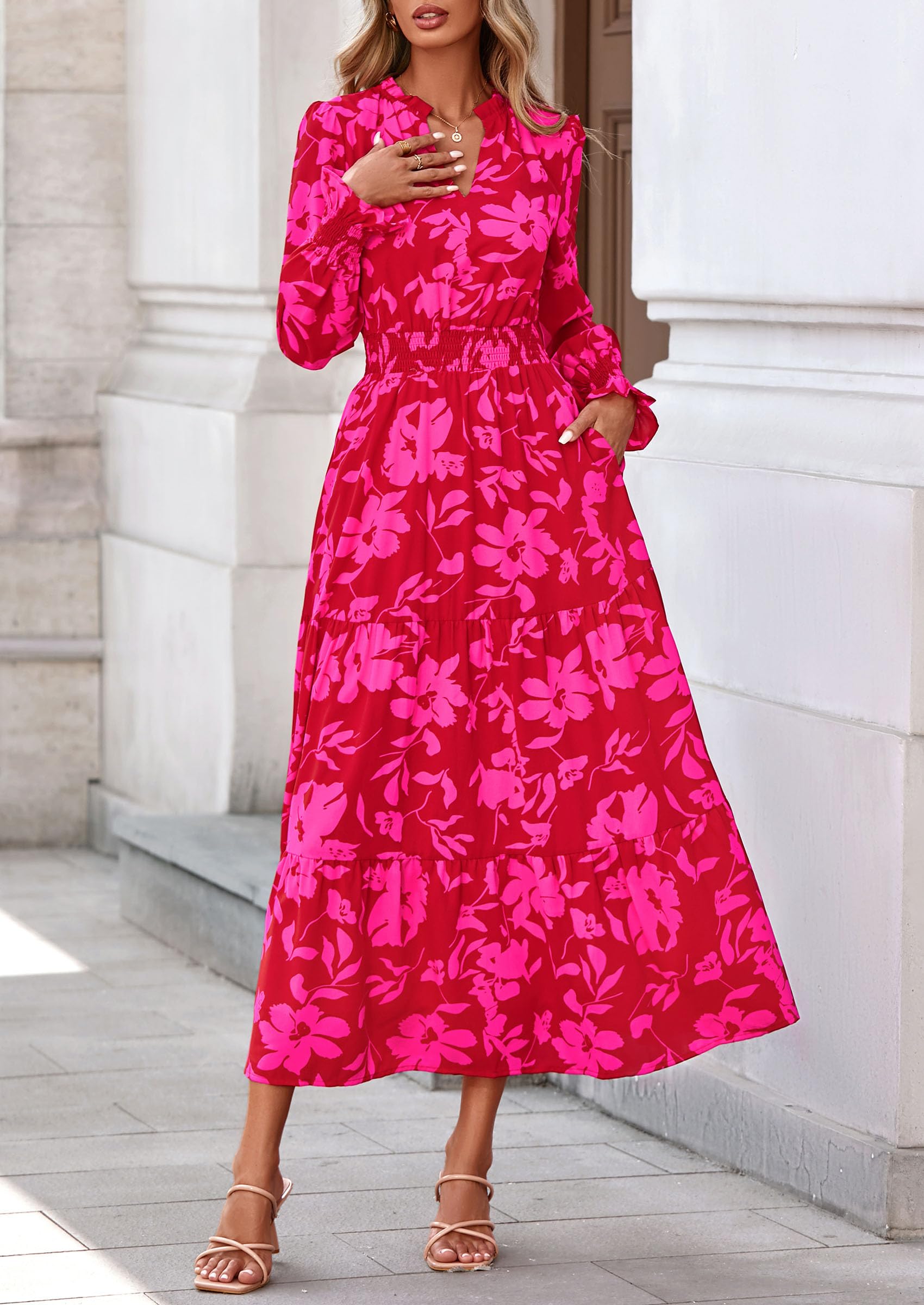 PRETTYGARDEN Women's Floral Maxi Dress Fall Long Sleeve V Neck Casual A Line Long Flowy Boho Party Dresses