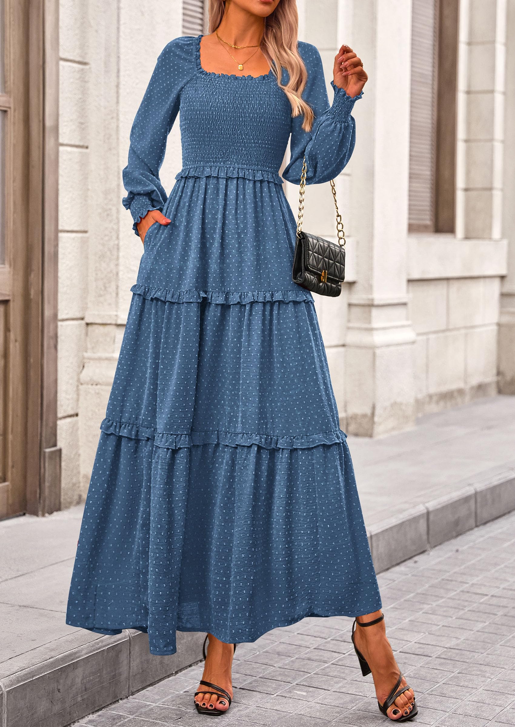 PRETTYGARDEN Fall Dresses for Women Long Sleeve Smocked Square Neck Swiss Dot Tiered Flowy Wedding Guest Maxi Dress