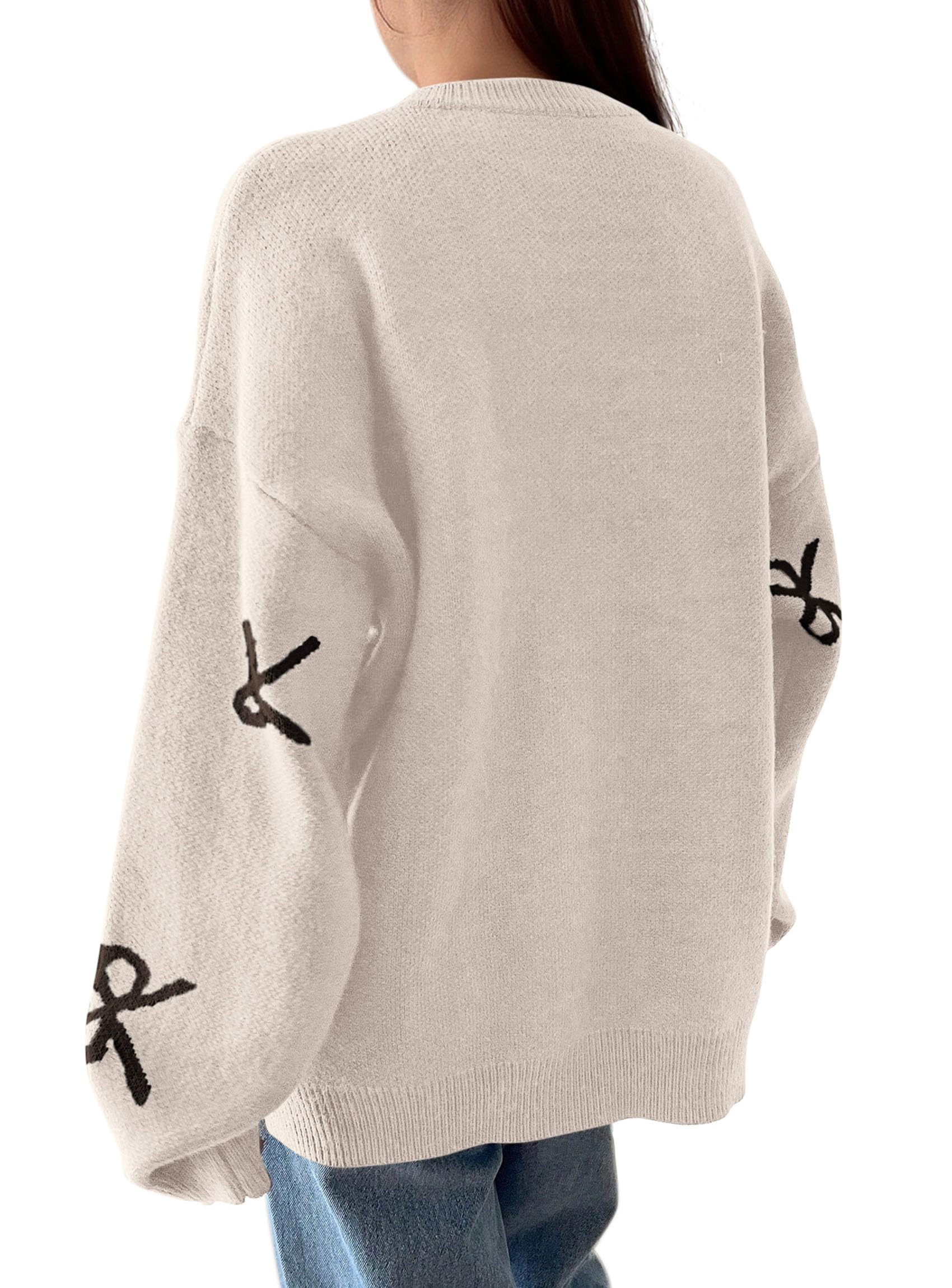 PRETTYGARDEN Fall Long Sleeve Pullover Sweaters for Women Trendy Crewneck Casual Cute Bow Chunky Knit Oversized Sweater