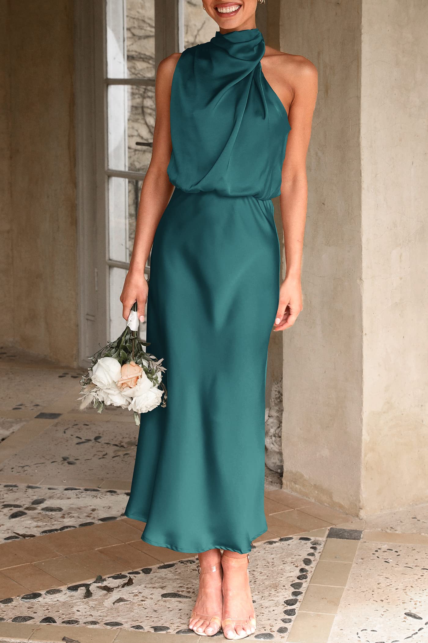PRETTYGARDEN Women's Summer Satin Dress Elegant Sleeveless Mock Neck Cocktail Party Maxi Dresses