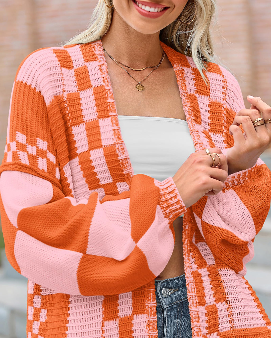 BTFBM Casual Cardigan Sweater for Women Fall Long Sleeve Sweaters Fall Outfits, Loose Fit,Solid,Open Front Chunky Knit Sweaters,Chunky Cardigan Sweaters For Women,Checkered Outwear Coat