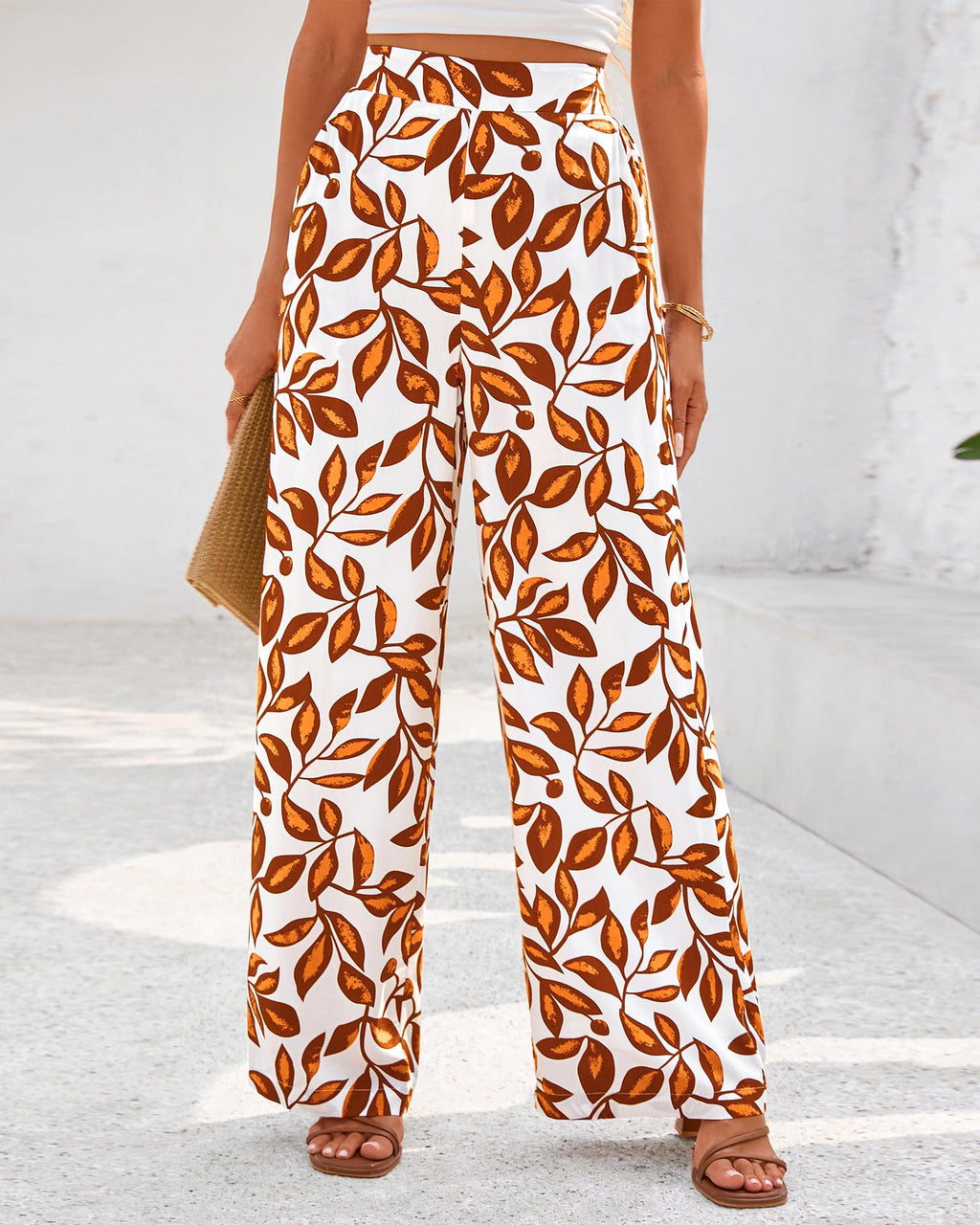 FreshPretty Womens Wide Leg Summer Pants Boho Beach Vacation Loose Elastic Waist Printed Palazzo Pant Pockets