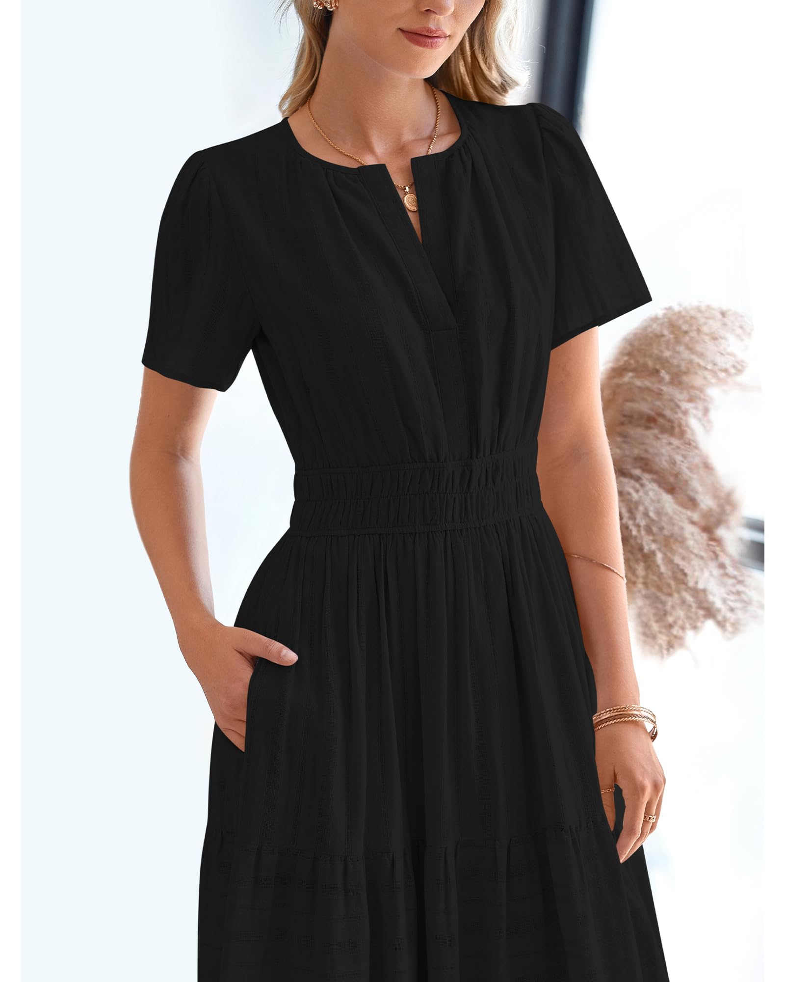 BTFBM Womens Summer Casual Midi Maxi Dresses Lightweight Short Sleeve V Neck Elastic Waist Boho Beach Dress Pockets