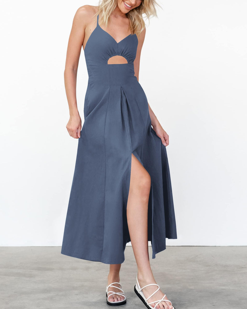BTFBM Women Spaghetti Strap Midi Summer Dresses Sleeveless V Neck Cutout Slit Casual Beach Party Maxi Dress Pockets