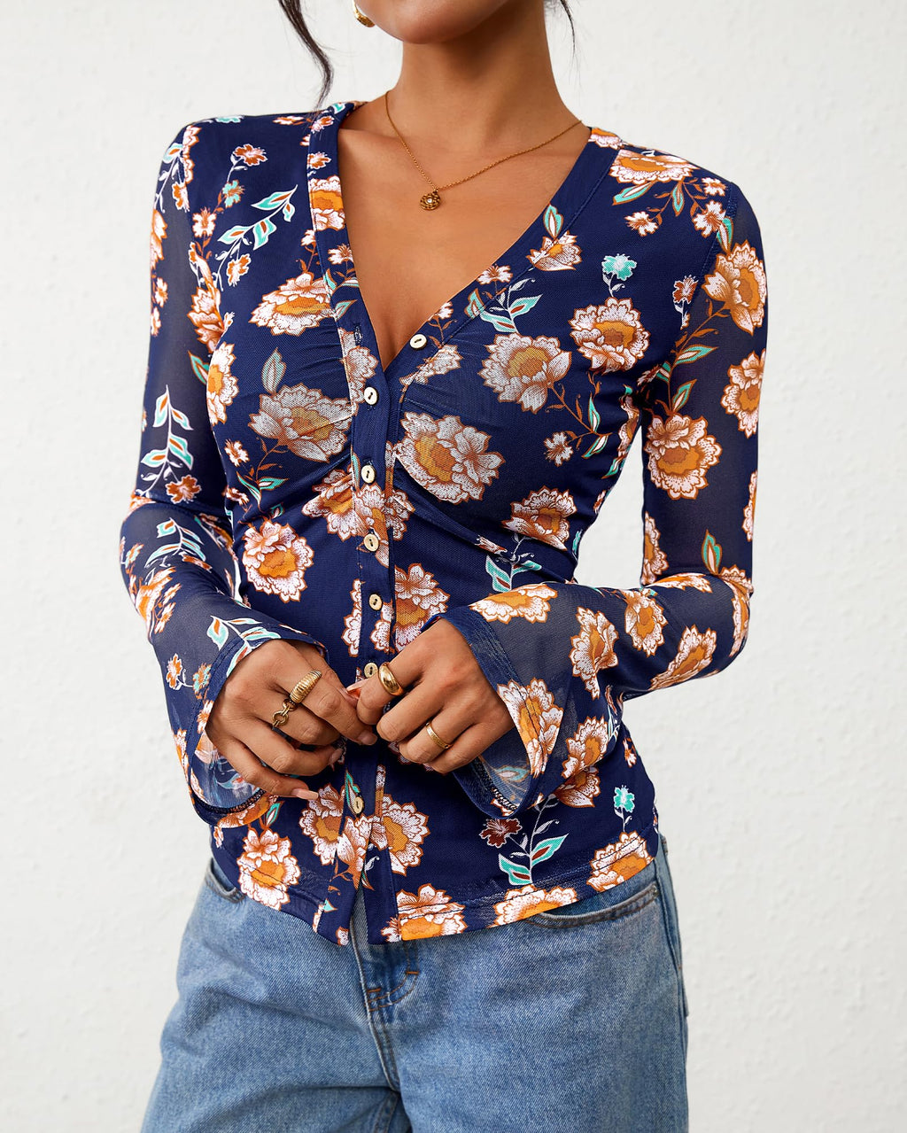 FreshPretty Button Down Shirts for Women Fall Fashion V Neck Long Sleeve Blouse Ruched Mesh Fitted Floral Print Boho Tops