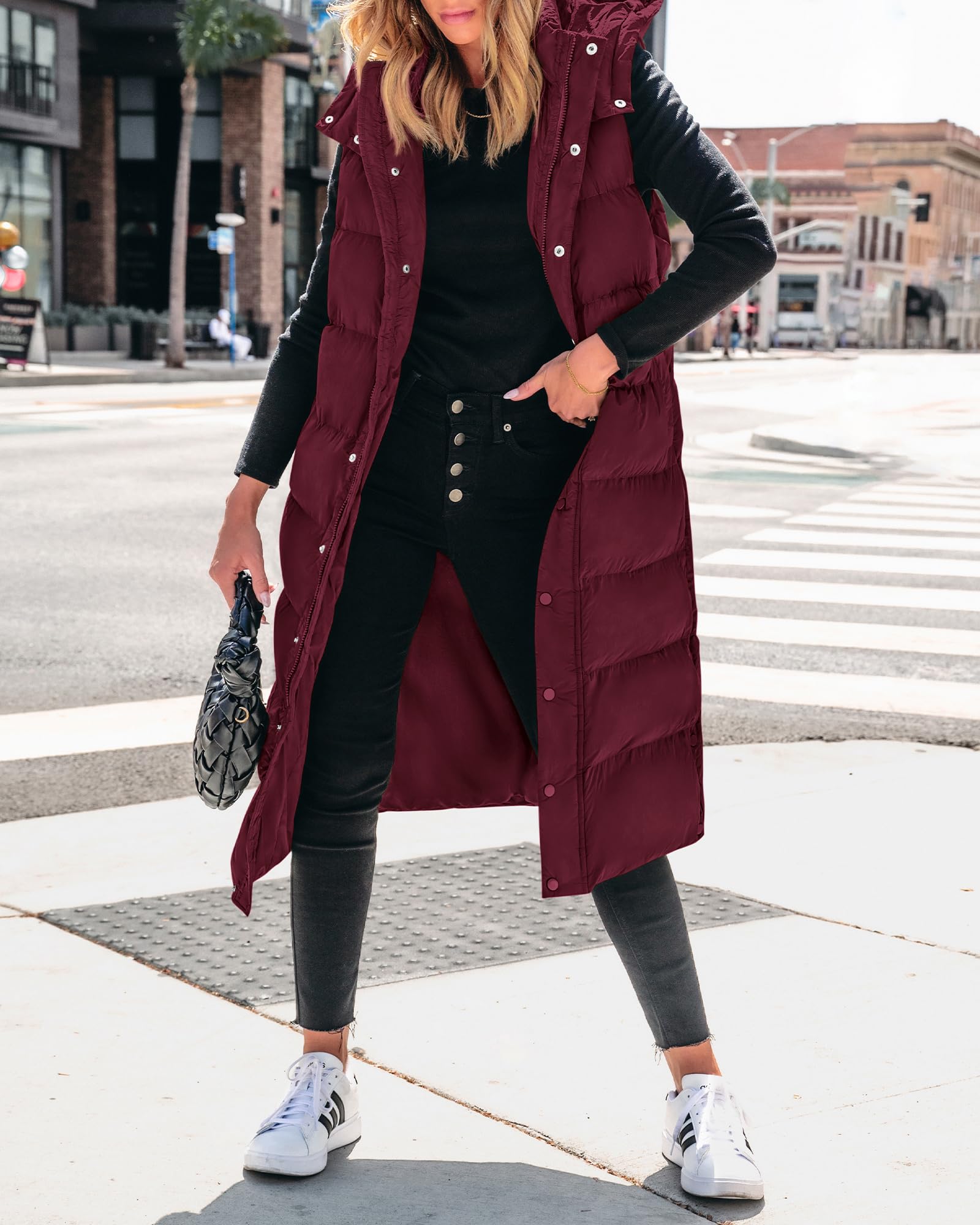 FreshPretty Long Puffer Vest Women Quilted Hooded Button Down Zip Up Sleeveless Vests Outerwear Padded Jacket Fall Winter Coat