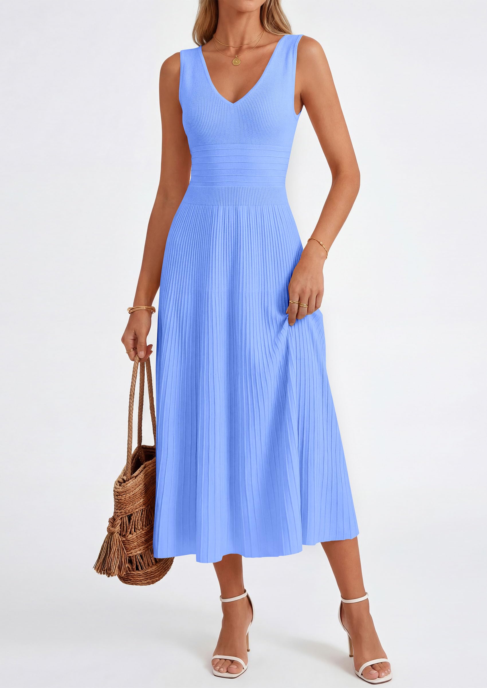 PRETTYGARDEN Women's Summer Casual Dresses Spring Sleeveless V Neck Knit Midi Business Work A Line Cocktail Dress