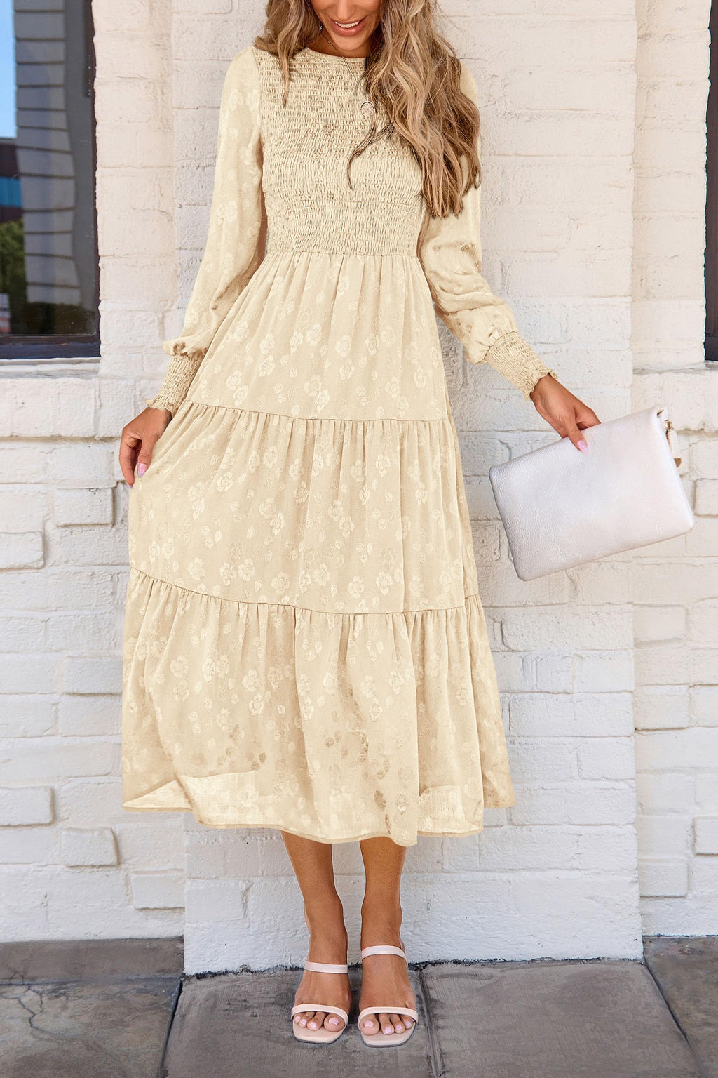 PRETTYGARDEN Women's Fall Spring Midi Dress Long Sleeve Floral Smocked Elegant Wedding Guest Long Flowy Dresses with Pockets