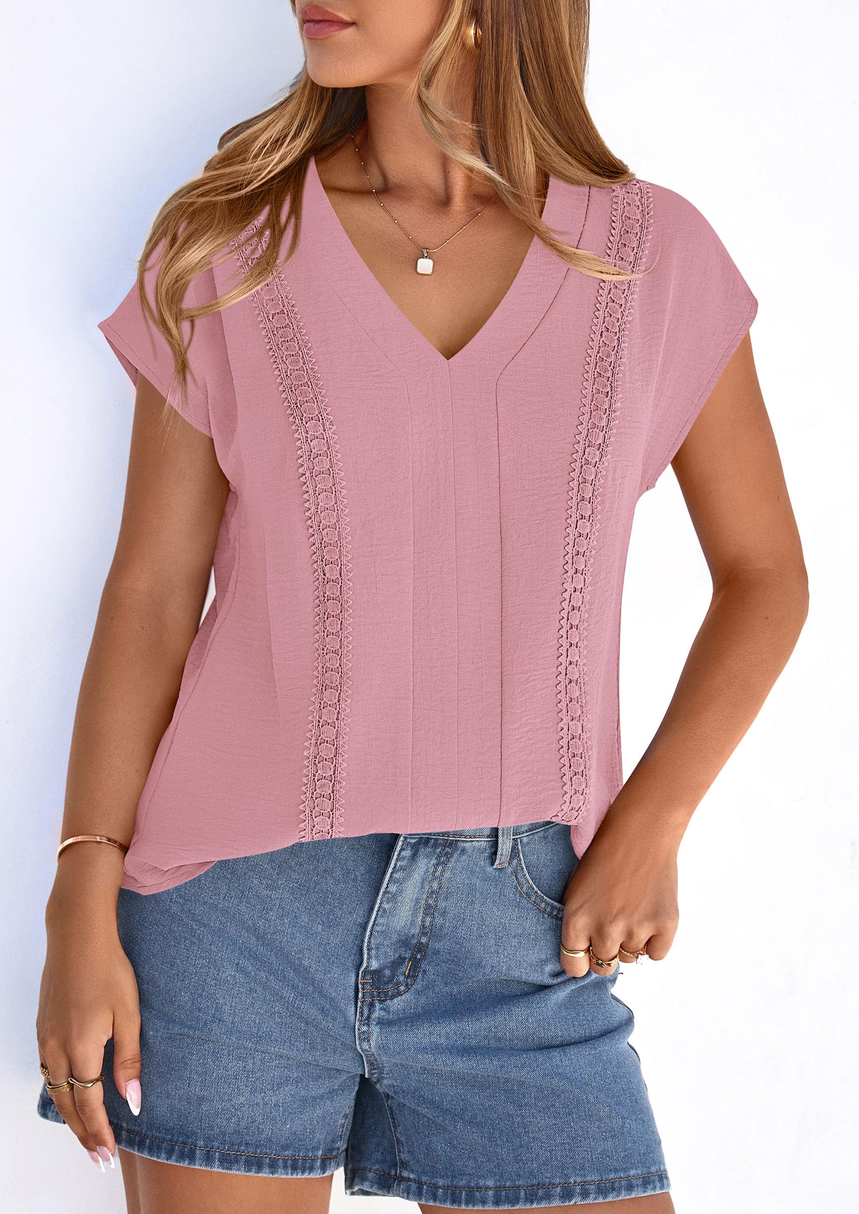 PRETTYGARDEN Spring Tops for Women Summer Fashion Clothes Dressy Casual Blouses Cap Sleeve V Neck Shirts Work Outfits