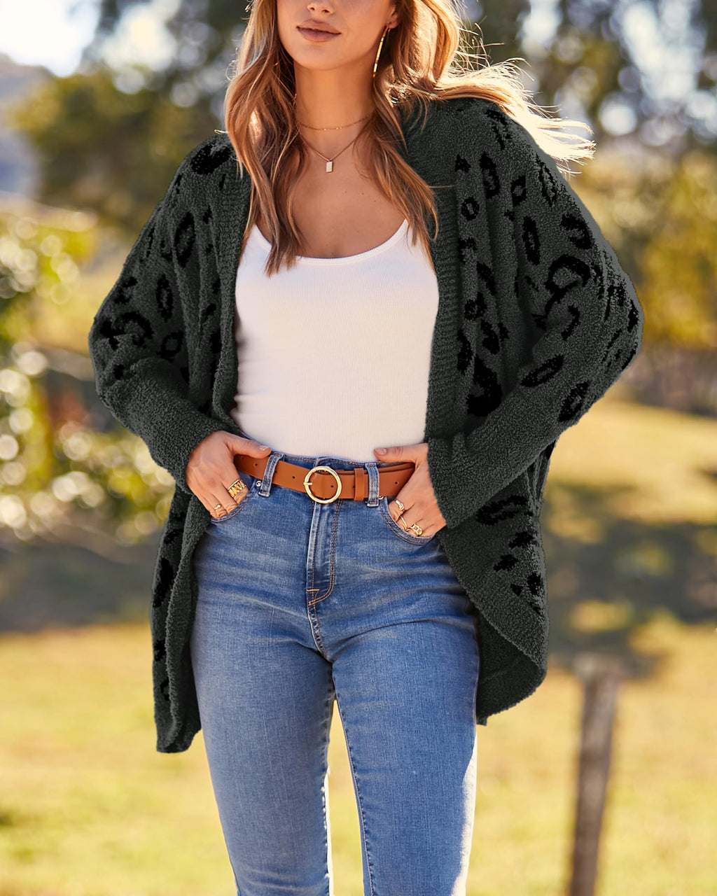 FreshPretty Leopard Cardigan for Women Long Sleeve Open Front Cardigans Sweaters Pockets Loose Knit Fall Winter Outwear