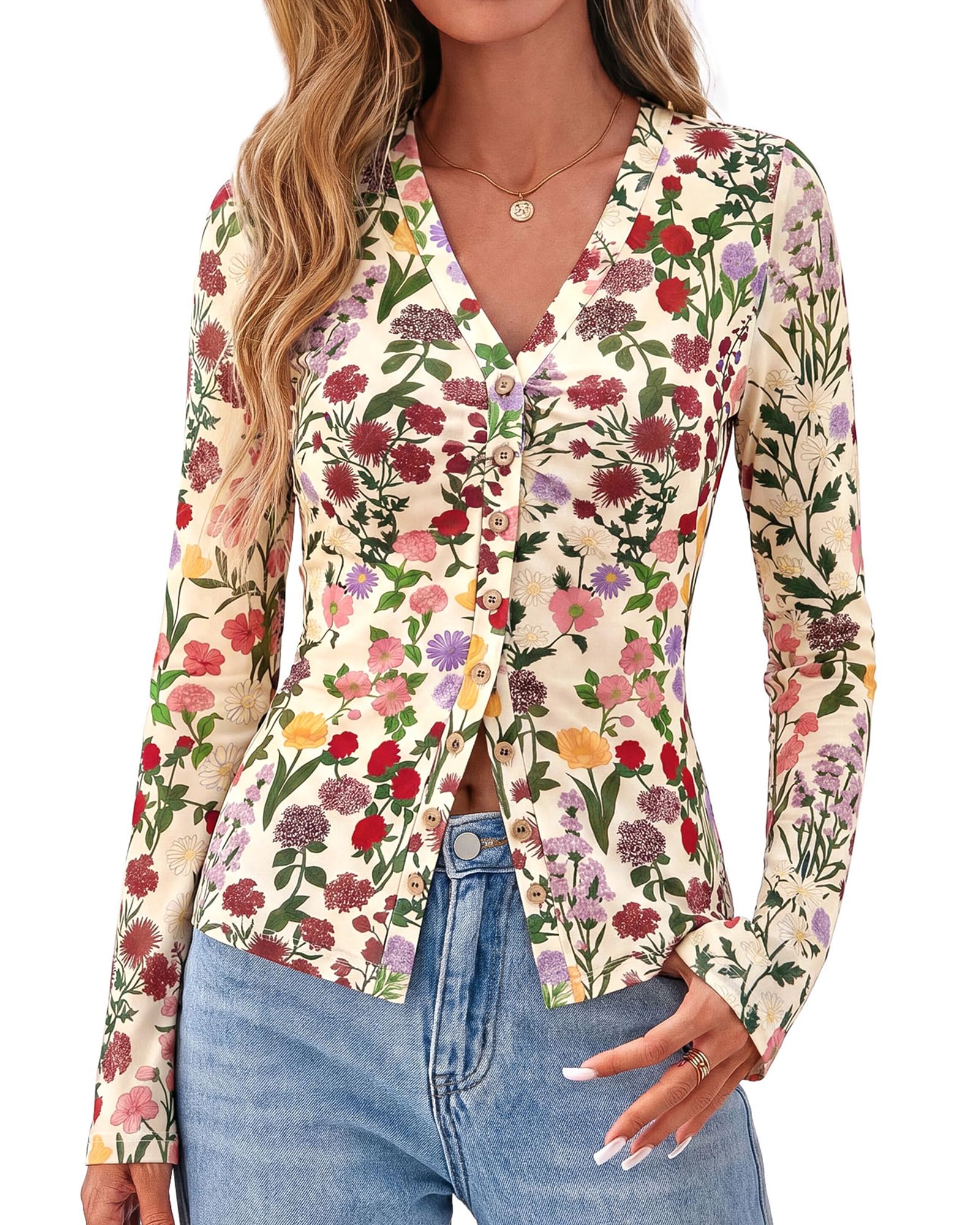 BTFBM Button Down Shirts for Women Spring Boho Tops V Neck Long Sleeve Blouses Ruched Mesh Fitted Fall Fashion