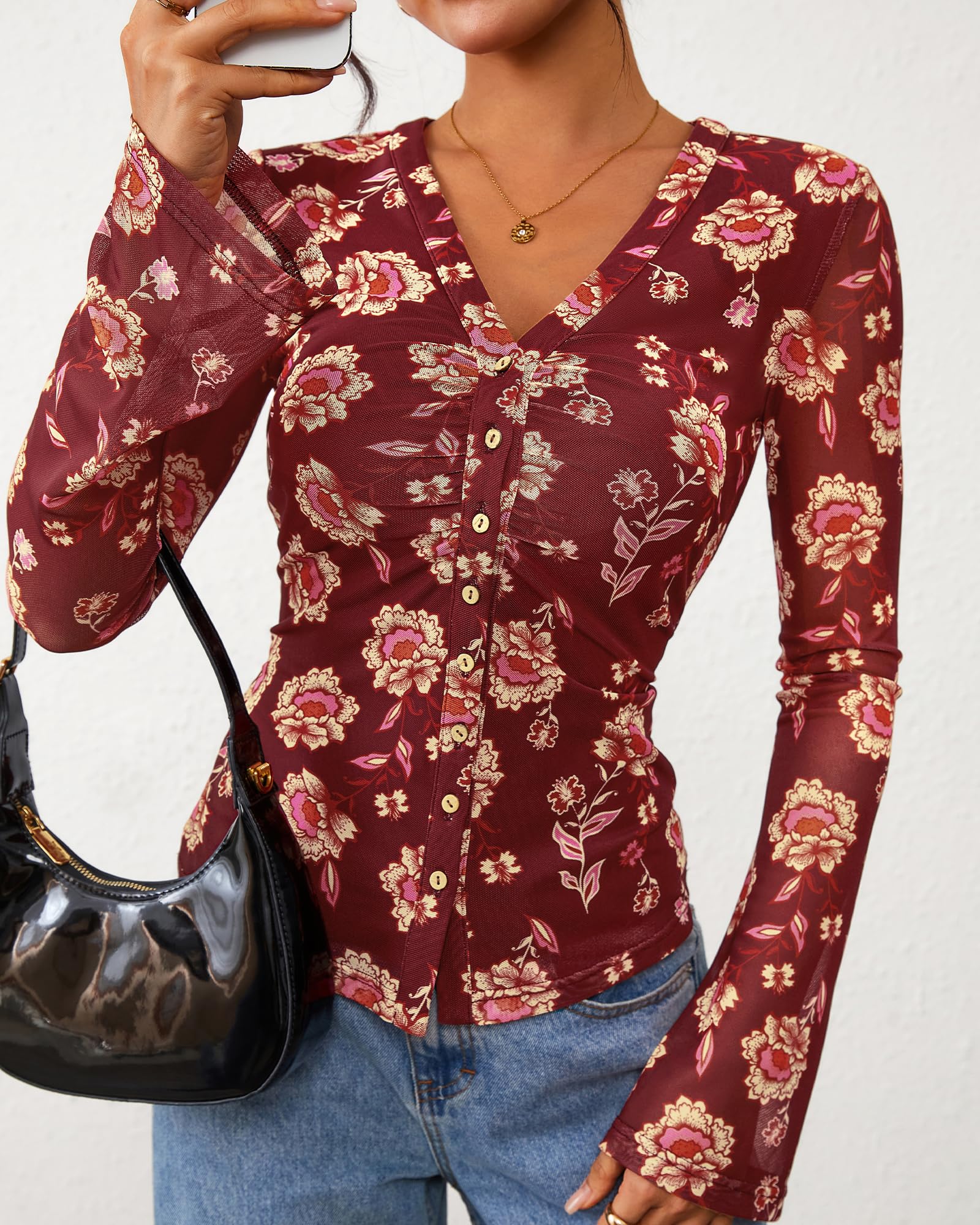 FreshPretty Button Down Shirts for Women Fall Fashion V Neck Long Sleeve Blouse Ruched Mesh Fitted Floral Print Boho Tops