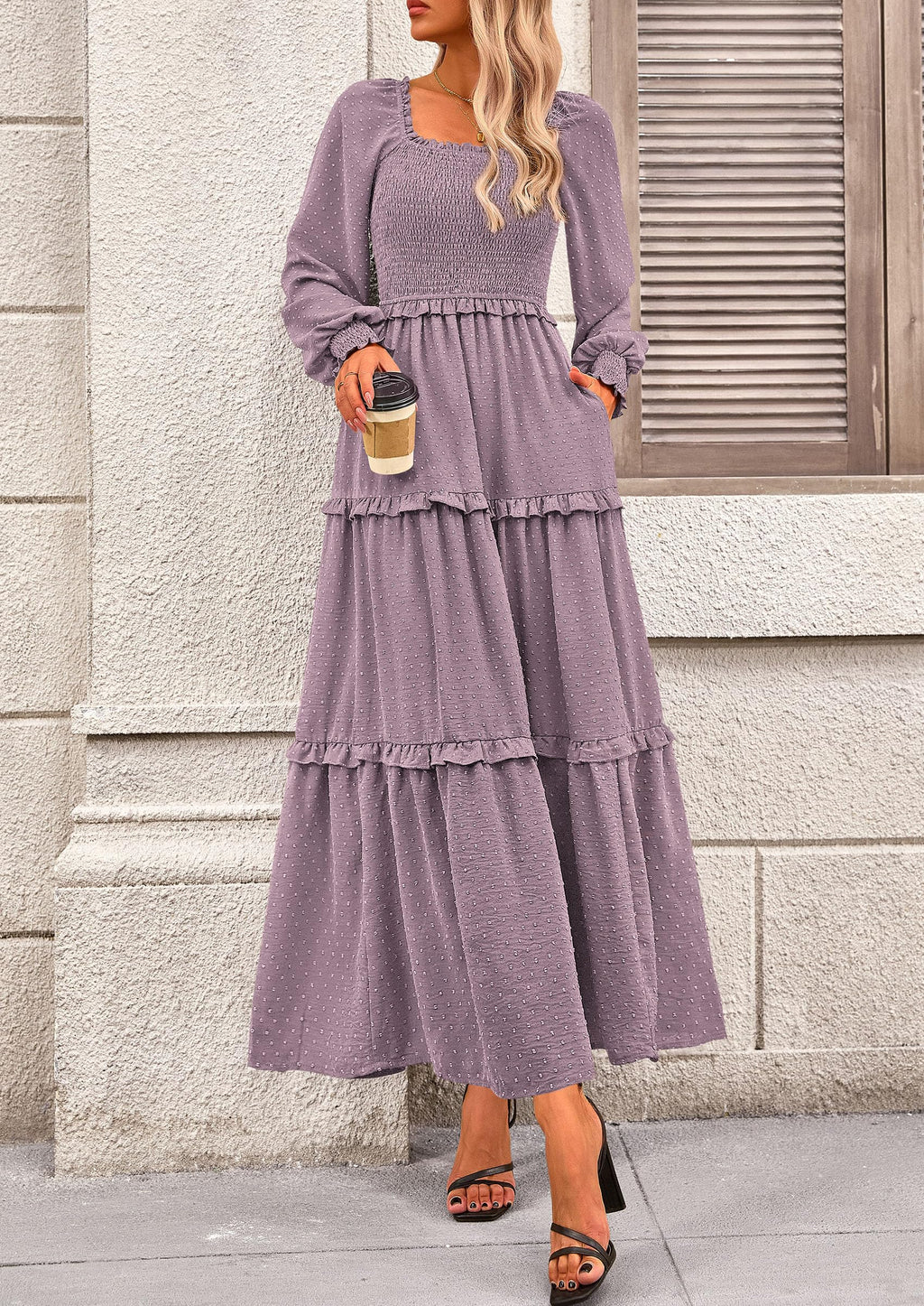 PRETTYGARDEN Fall Dresses for Women Long Sleeve Smocked Square Neck Swiss Dot Tiered Flowy Wedding Guest Maxi Dress