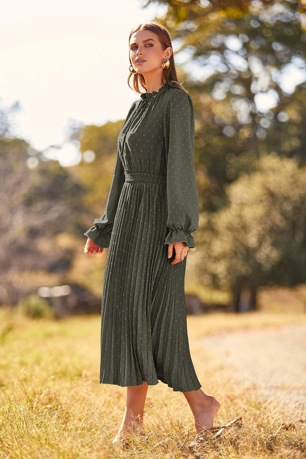 PRETTYGARDEN Women's Spring Fall Midi Dress Casual Long Sleeve V Neck Swiss Dot Pleated A Line Flowy Dresses