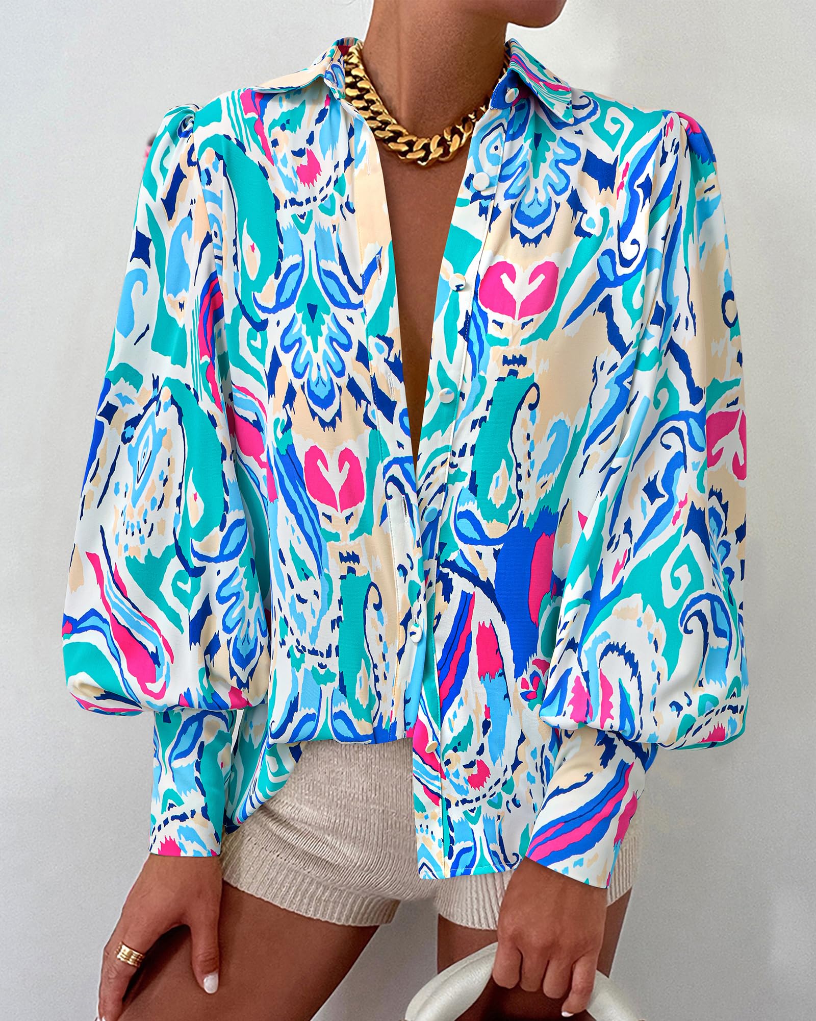 BTFBM Women Fashion Button Down Shirts V Neck Boho Printed Long Sleeve Blouses Dressy Casual Spring Fall Tops