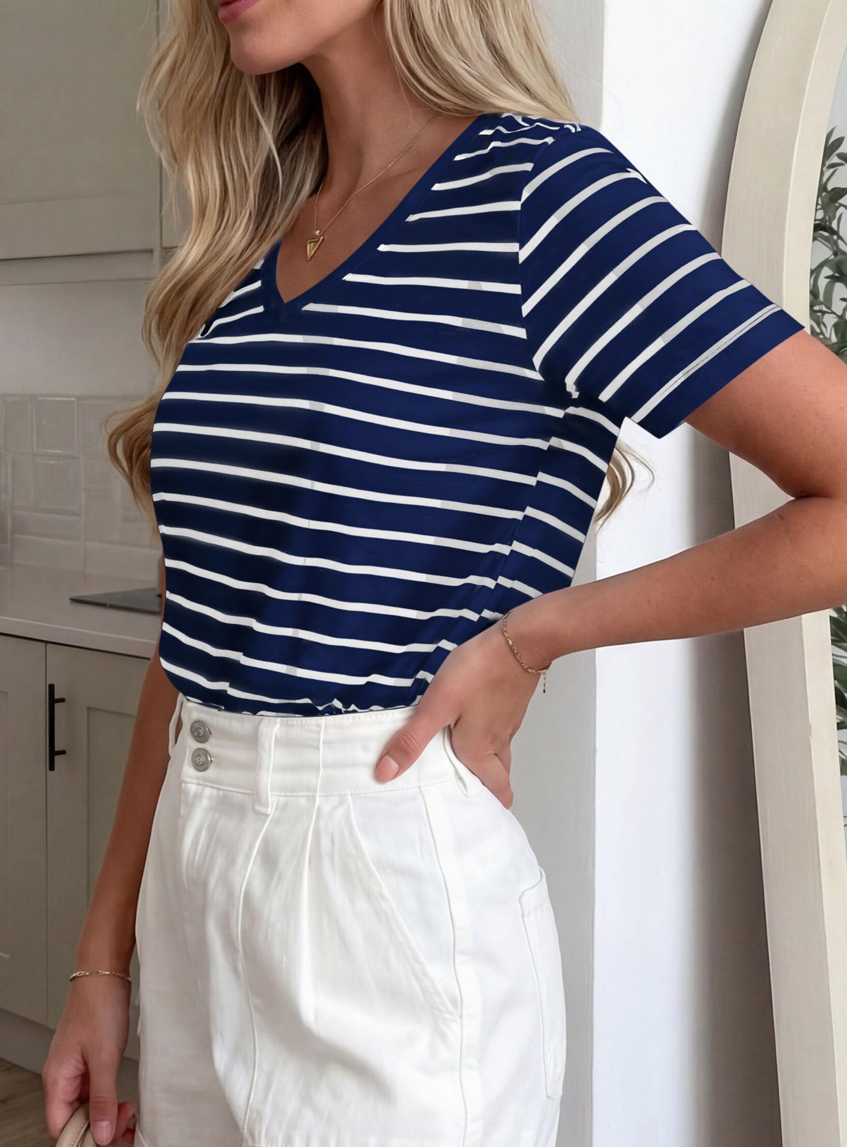 PRETTYGARDEN Short Sleeve Shirts for Women Spring V Neck Cute Tops Casual Striped Shirt Knitted Tees Summer Outfits