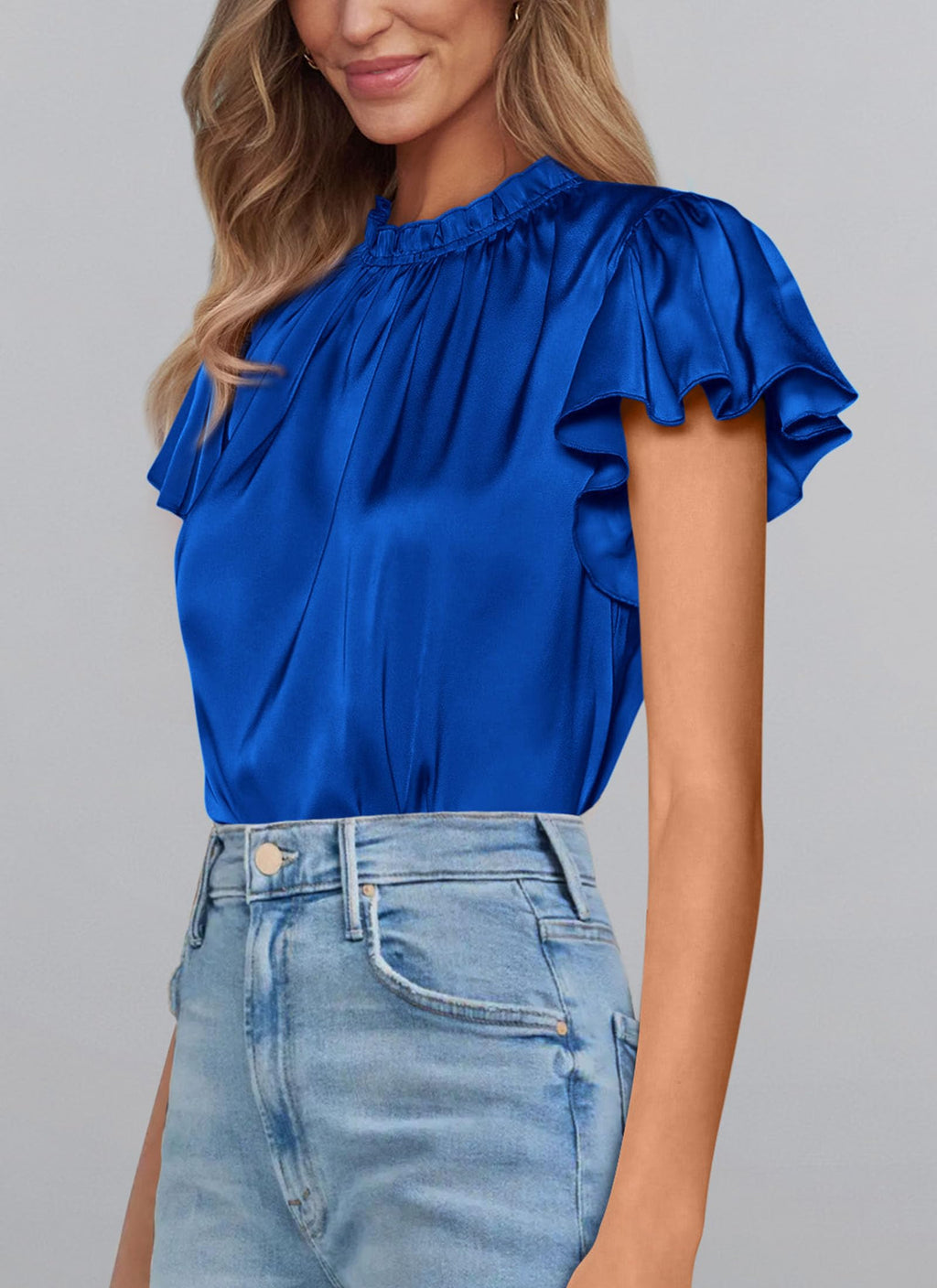 PRETTYGARDEN Business Casual Tops for Women Blouses Dressy  Summer Short Sleeve Ruffle Satin Work Office Attire