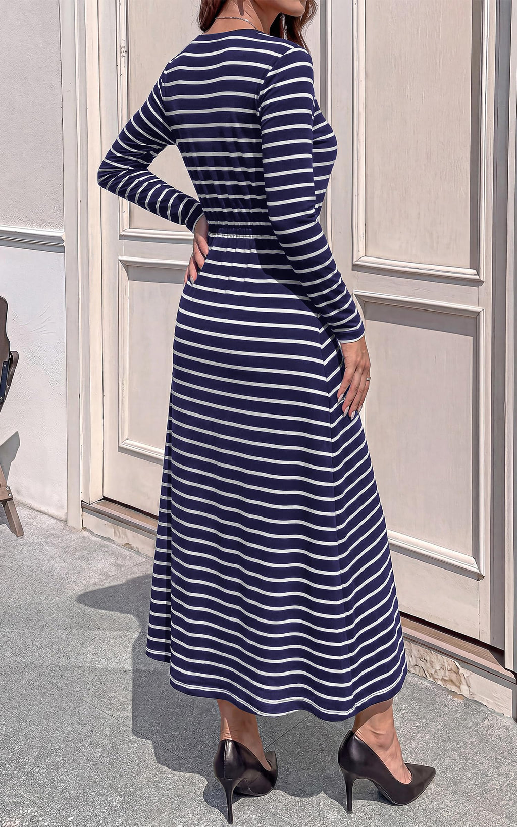 FreshPretty Long Sleeve Maxi Dresses for Women Fall Casual Loose Striped Dress|Cotton T Shirt Dress, Loose Fit Dress with Pocket, Business Casual Work Teacher, Fall Outfits