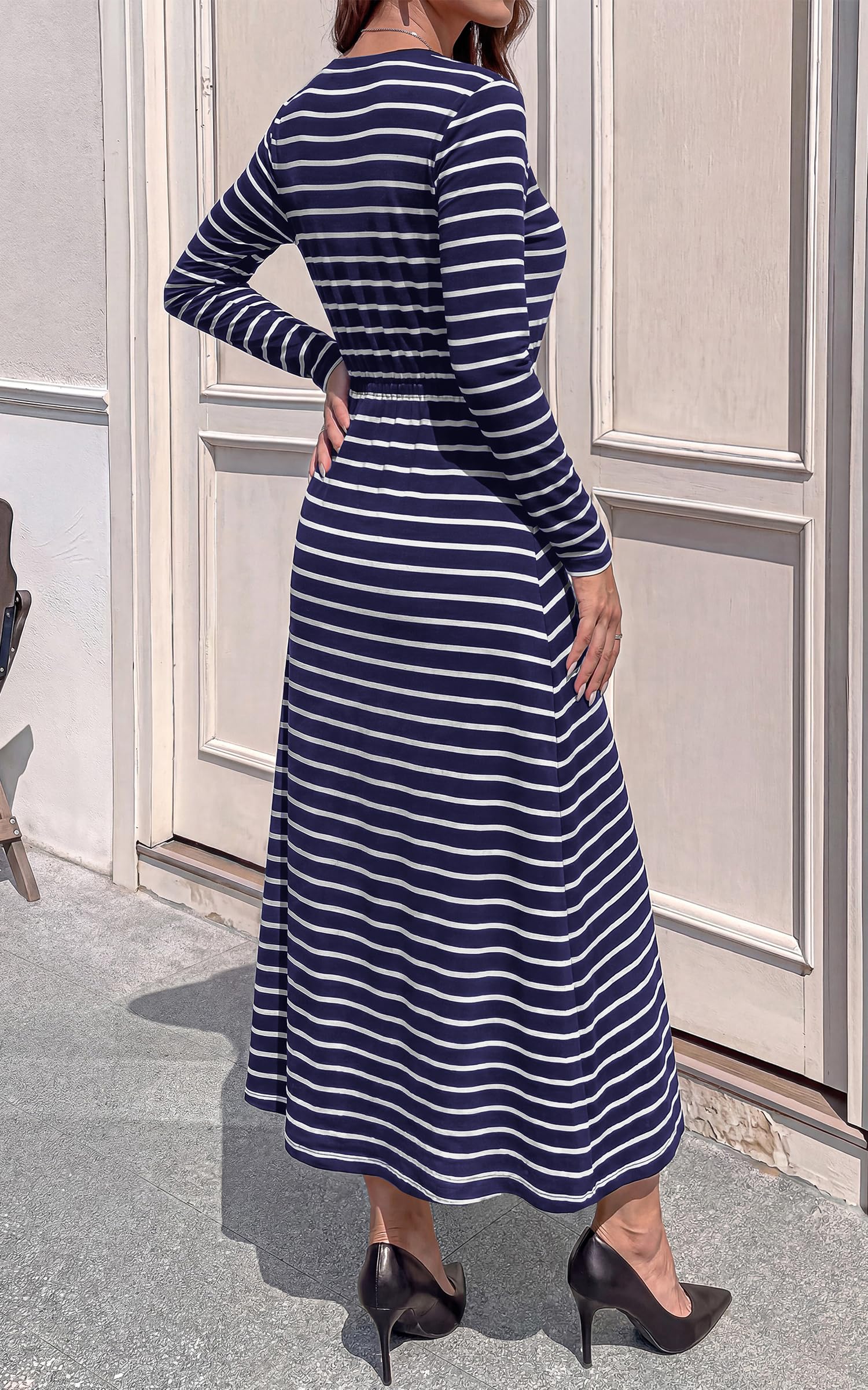 FreshPretty Long Sleeve Maxi Dresses for Women Fall Casual Loose Striped Dress|Cotton T Shirt Dress, Loose Fit Dress with Pocket, Business Casual Work Teacher, Fall Outfits