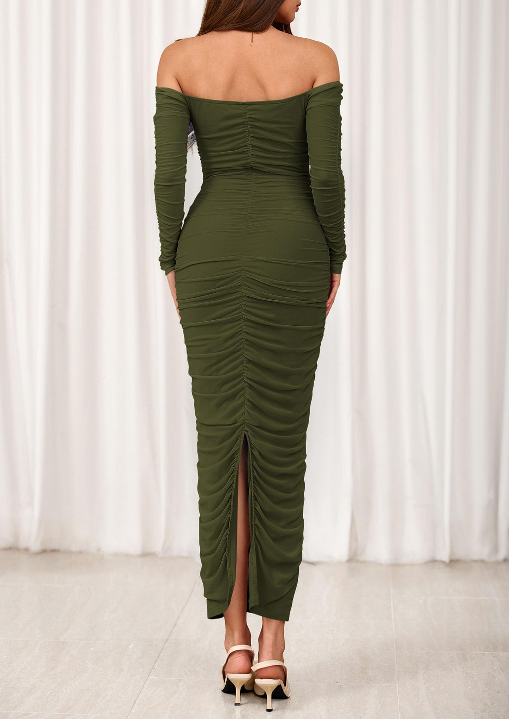 PRETTYGARDEN Womens Fall Long Sleeve Maxi Dress Off Shoulder Mesh Ruched Bodycon Trendy Long Wedding Guest Dresses