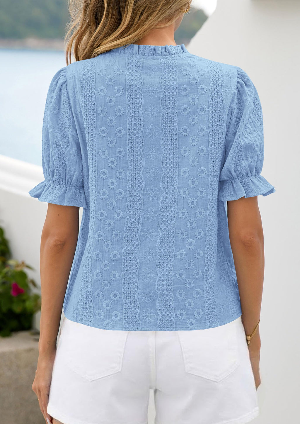 PRETTYGARDEN Womens Puff Short Sleeve Tops  Summer Spring Button Down Boho Embroidered Cute Blouse Dressy Casual Shirts