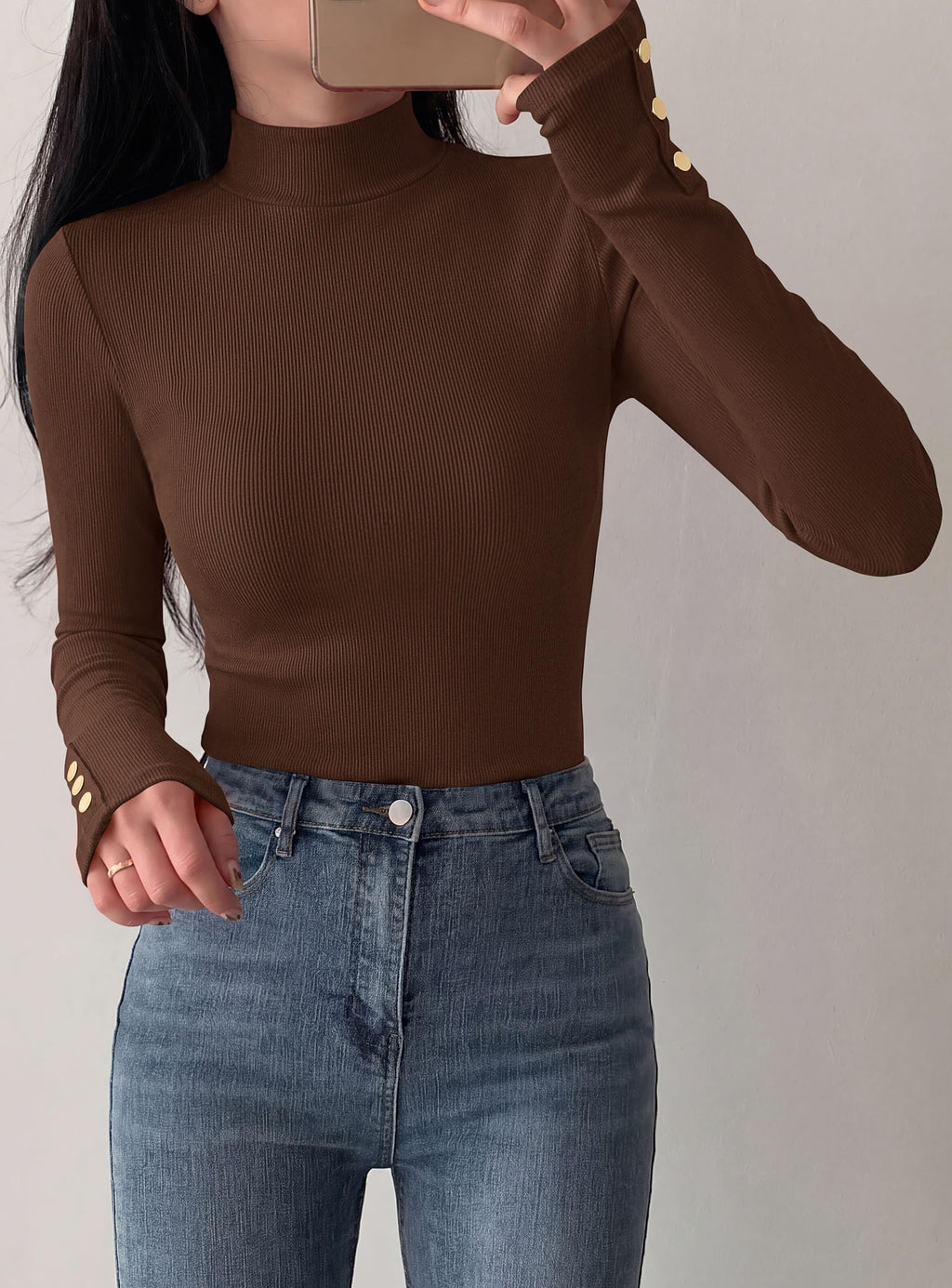 PRETTYGARDEN Women's Ribbed Mock Neck Long Sleeve Tops | Slim Fitted T-Shirts, Soft Stretch, Decorative Buttons, Going Out Work Casual Wear, Fall Outfits Layering Winter Clothes