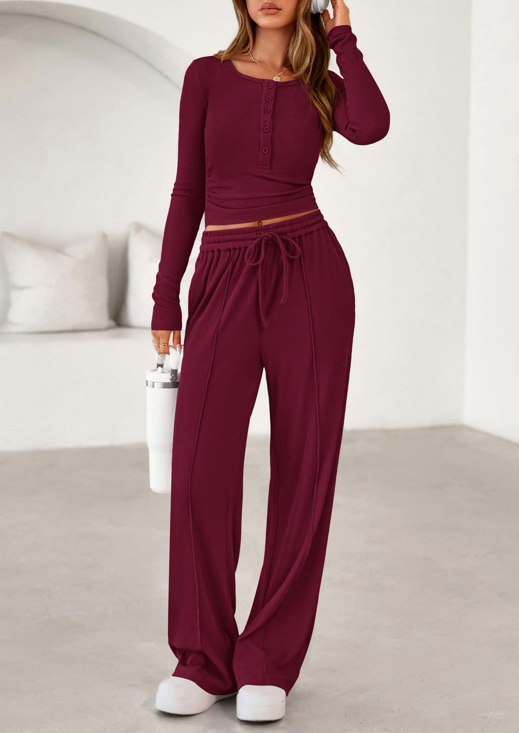 PRETTYGARDEN Women's  Fall Trendy 2 Piece Outfits Lounge Sets Long Sleeve Top Henley Shirts Wide Leg Pants Travel Clothes