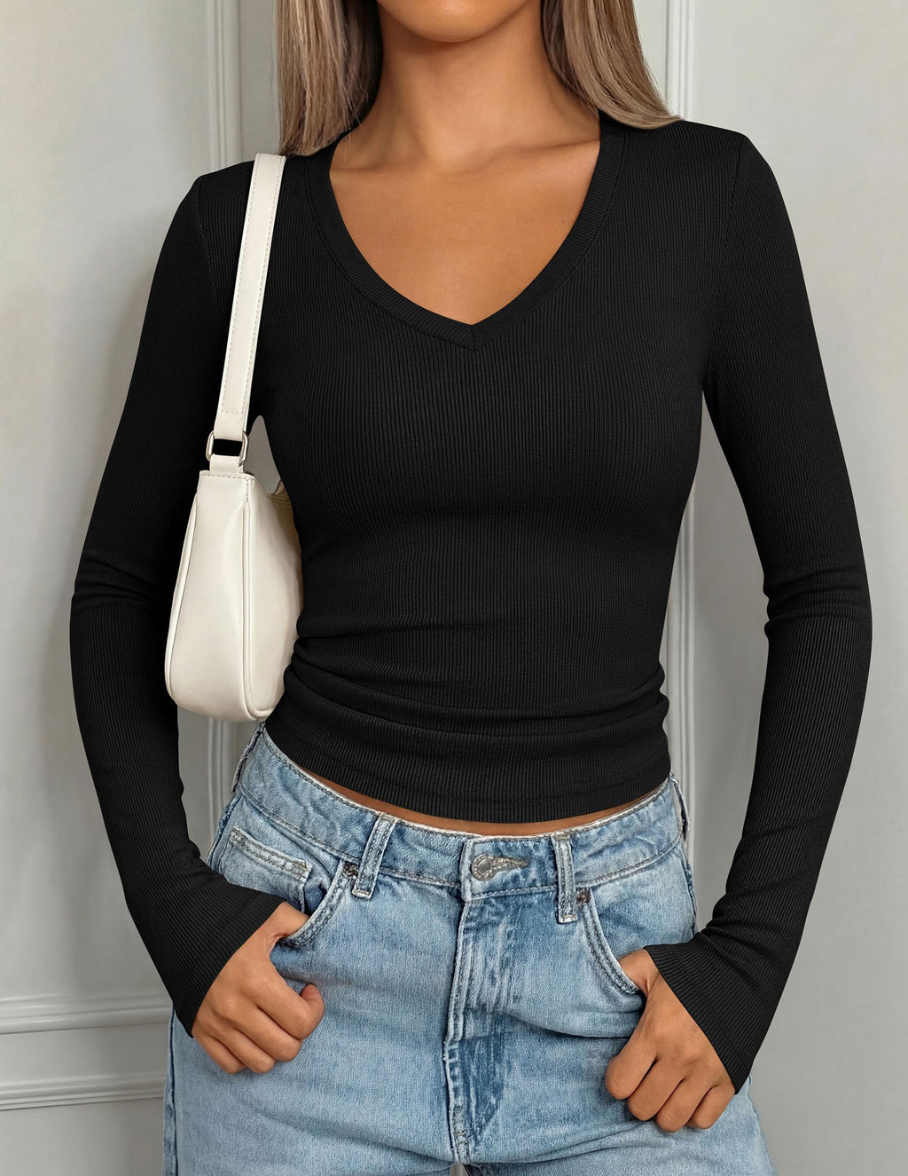 PRETTYGARDEN Long Sleeve Shirts for Women Fall V Neck Basic Tee Casual Fitted Ribbed Going Out Tops Kint Y2K Clothes