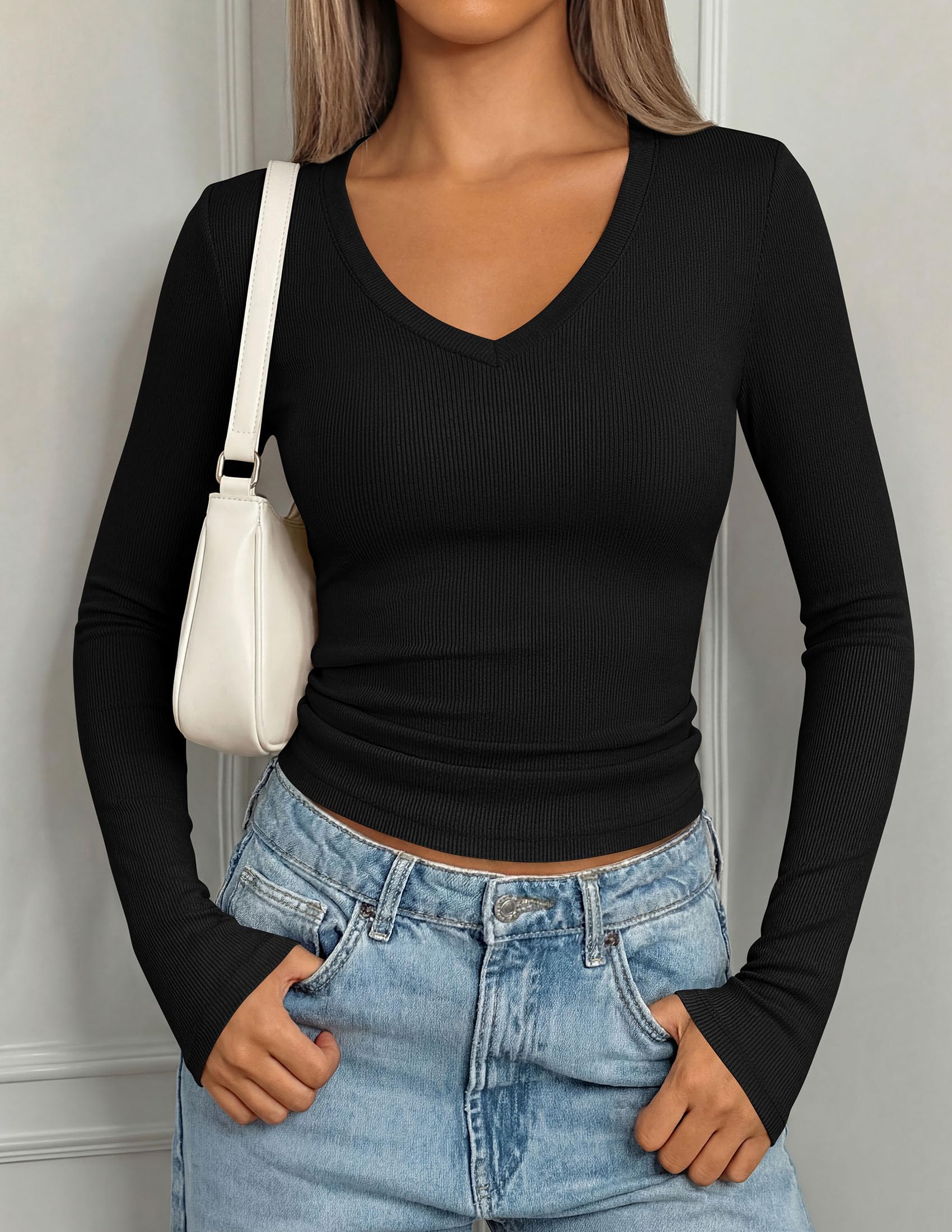 PRETTYGARDEN Long Sleeve Shirts for Women Fall V Neck Basic Tee Casual Fitted Ribbed Going Out Tops Kint Y2K Clothes
