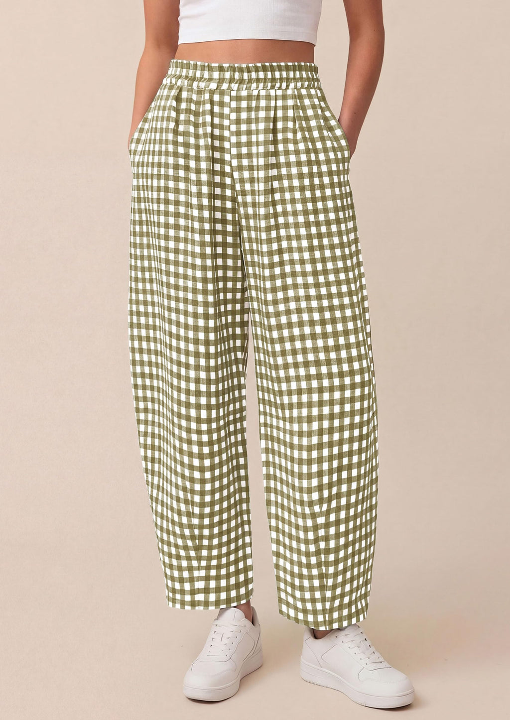 PRETTYGARDEN Plaid Barrel Pants Women Summer Casual Loose Wide Leg Lounge Gingham Trousers Spring Fashion Beach Bottoms