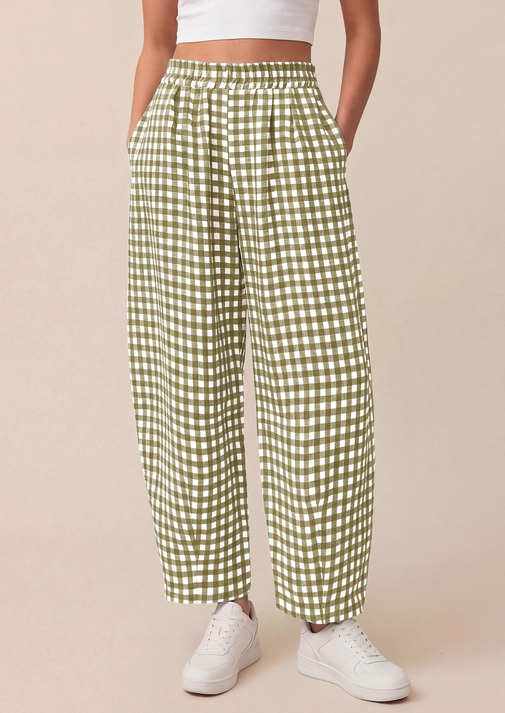 PRETTYGARDEN Plaid Barrel Pants Women Summer Casual Loose Wide Leg Lounge Gingham Trousers Spring Fashion Beach Bottoms