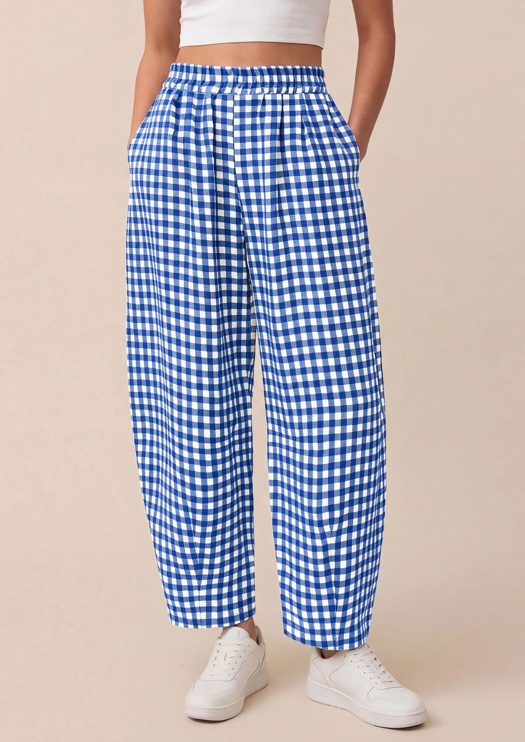 PRETTYGARDEN Plaid Barrel Pants Women Summer Casual Loose Wide Leg Lounge Gingham Trousers Spring Fashion Beach Bottoms