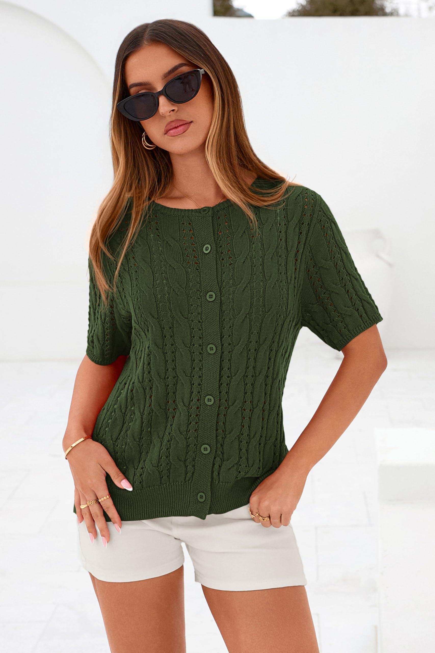 FreshPretty  Women Summer Cable Knit Crochet Cardigan Sweaters Casual Button Short Sleeve Sweater Cute Beach Hollow Out Knit Top