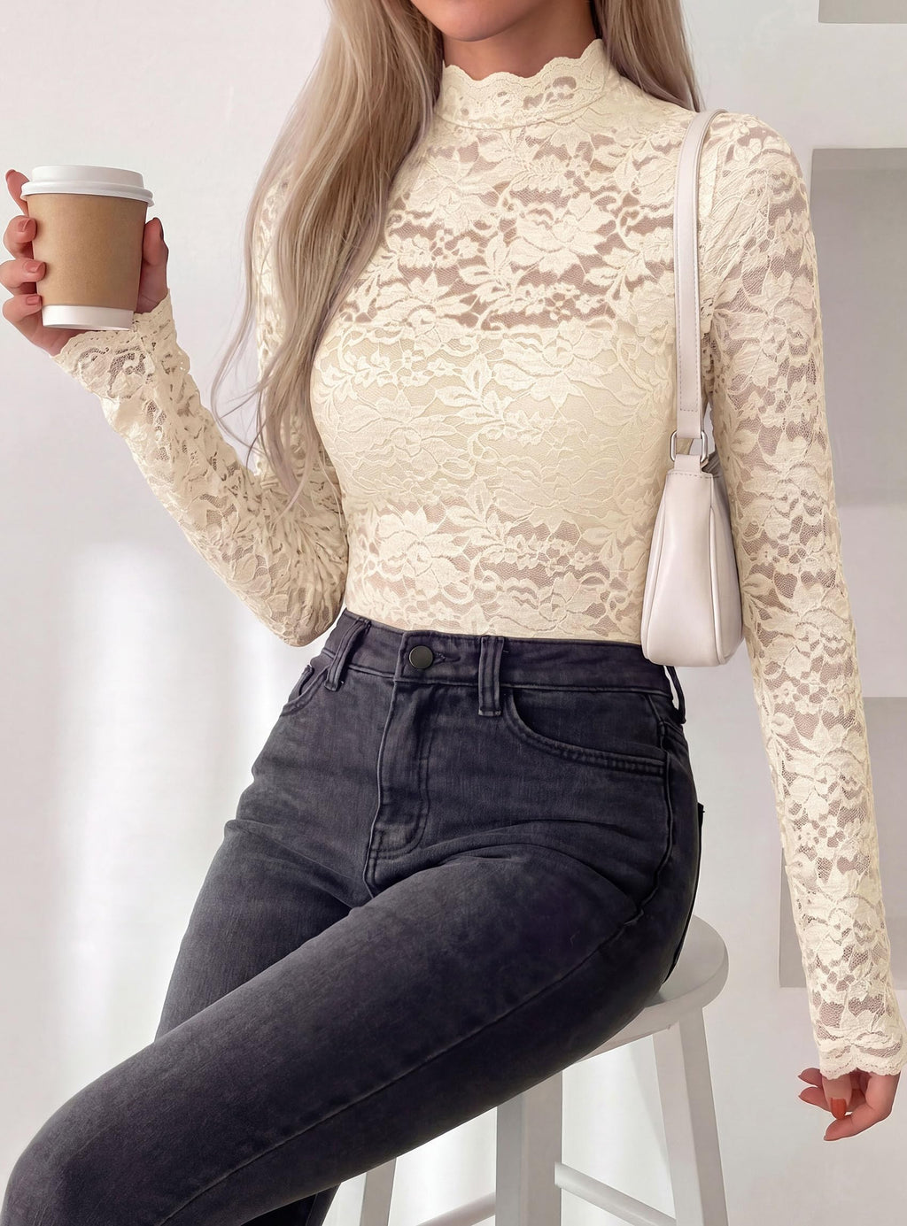 PRETTYGARDEN Womens Lace Long Sleeve Tops Sheer Mesh Blouse | Mock Neck Floral See Through, Slim Fitted, Soft Stretchy Elegant, Going Out Concert, Club Party Outfits, Fall Fashion Clothes